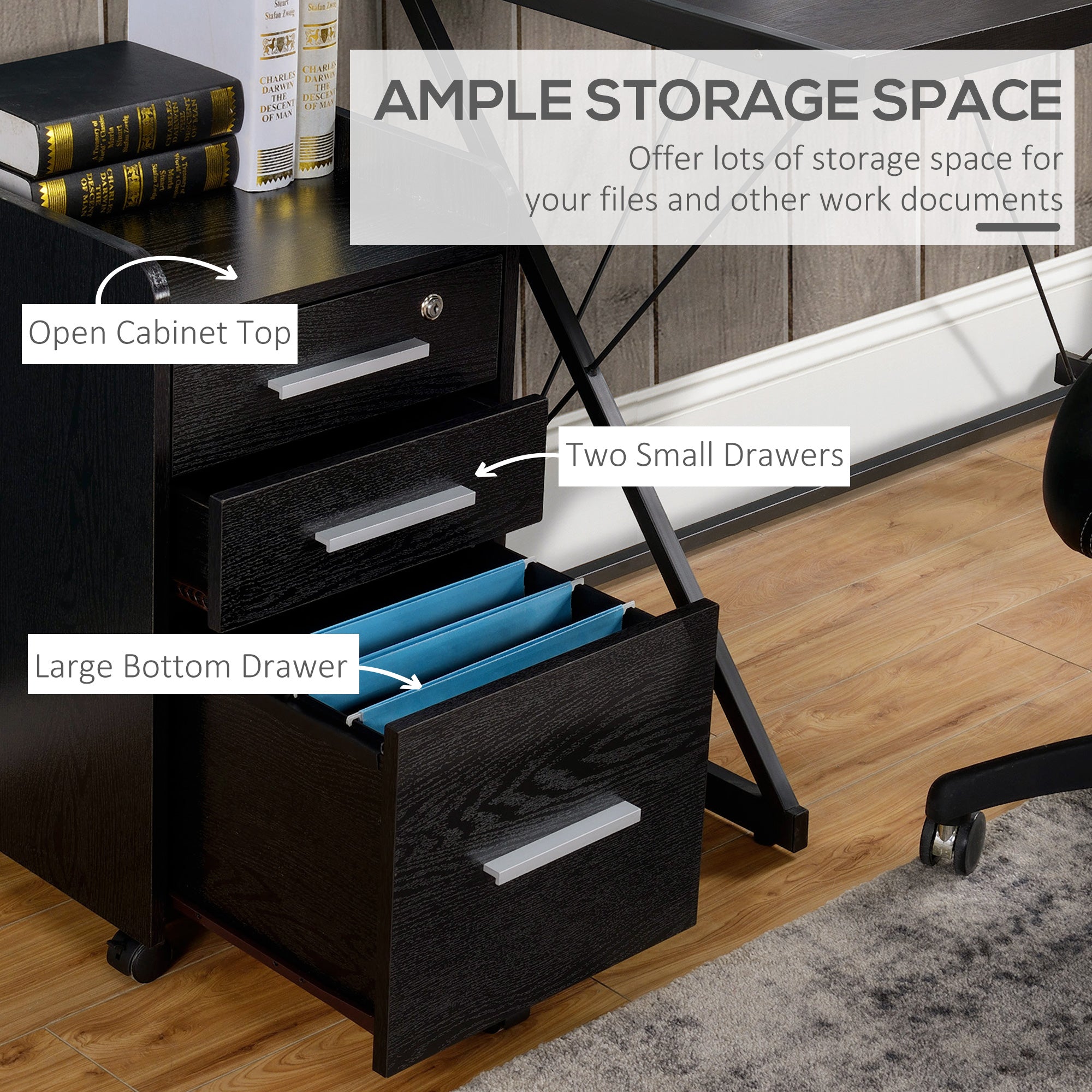 HOMCOM 3 Drawer File Cabinet with Lock and Edged Top, Lockable Filing Cabinet on Wheels with Hanging Bars for Letter and A4 Size, Black