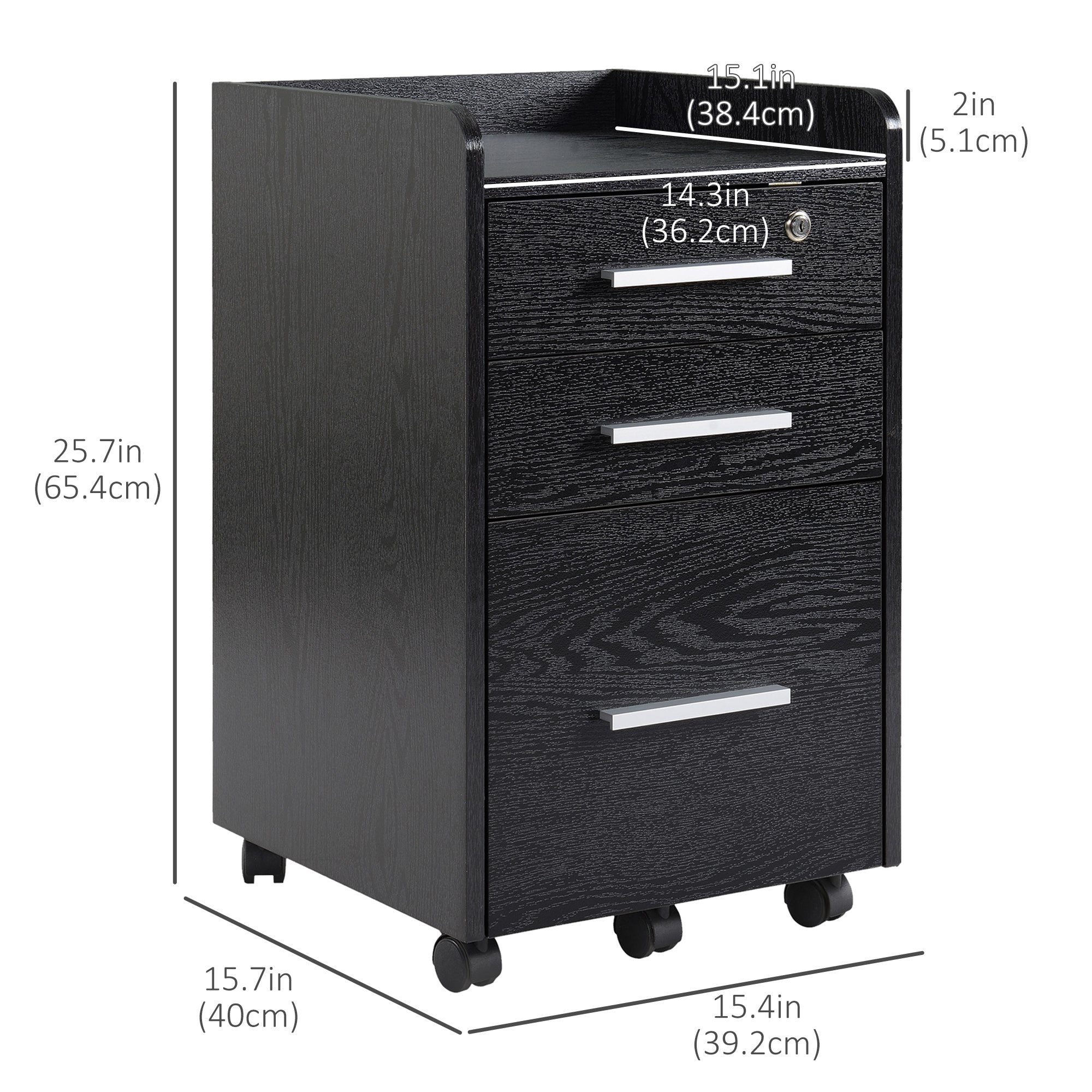 HOMCOM 3 Drawer File Cabinet with Lock and Edged Top, Lockable Filing Cabinet on Wheels with Hanging Bars for Letter and A4 Size, Black