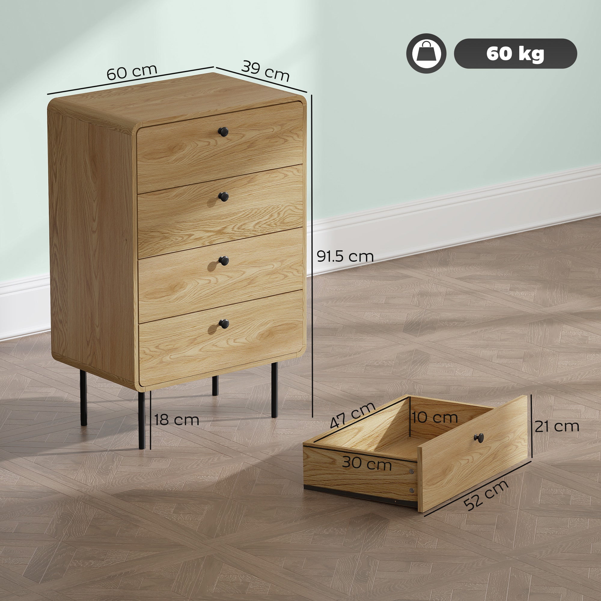 Modern Chest of Drawers with 4 Drawers, Dresser with Wood Handles and Steel Legs for Bedroom, Living Room, Entryway, Oak