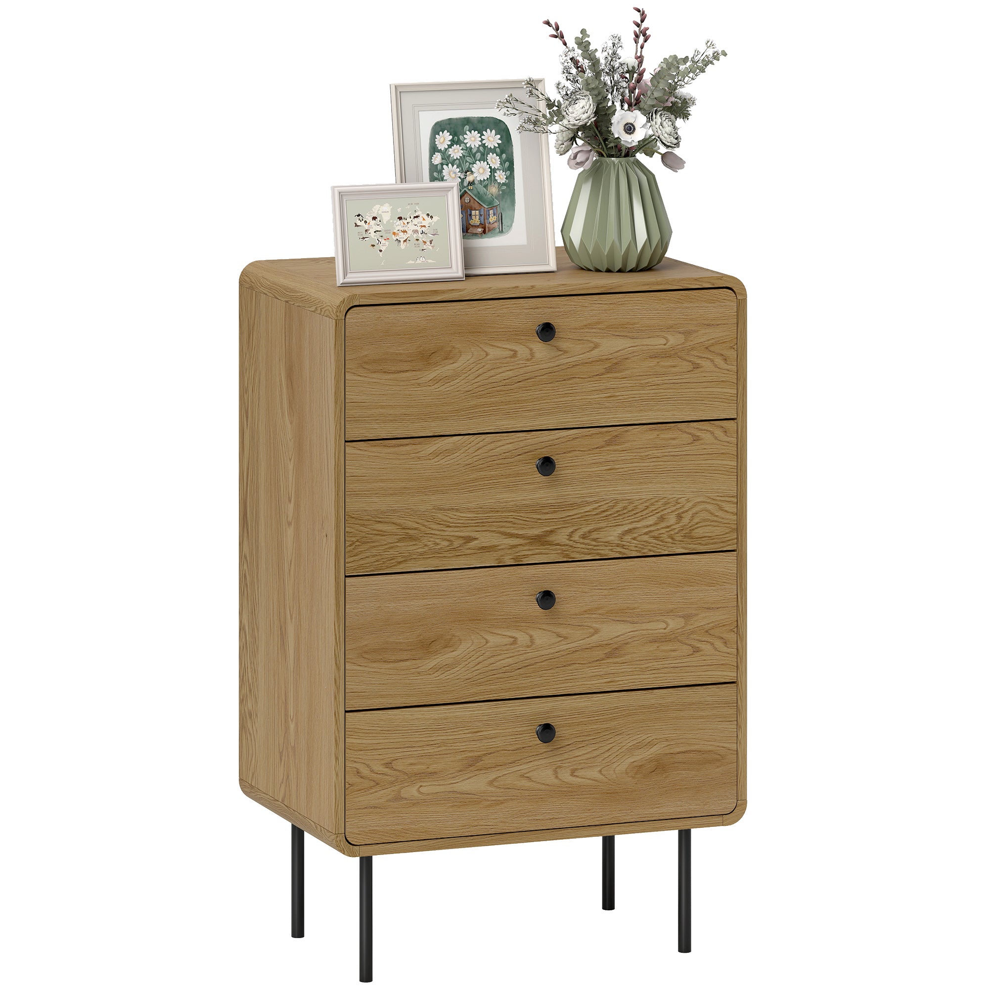 Modern Chest of Drawers with 4 Drawers, Dresser with Wood Handles and Steel Legs for Bedroom, Living Room, Entryway, Oak