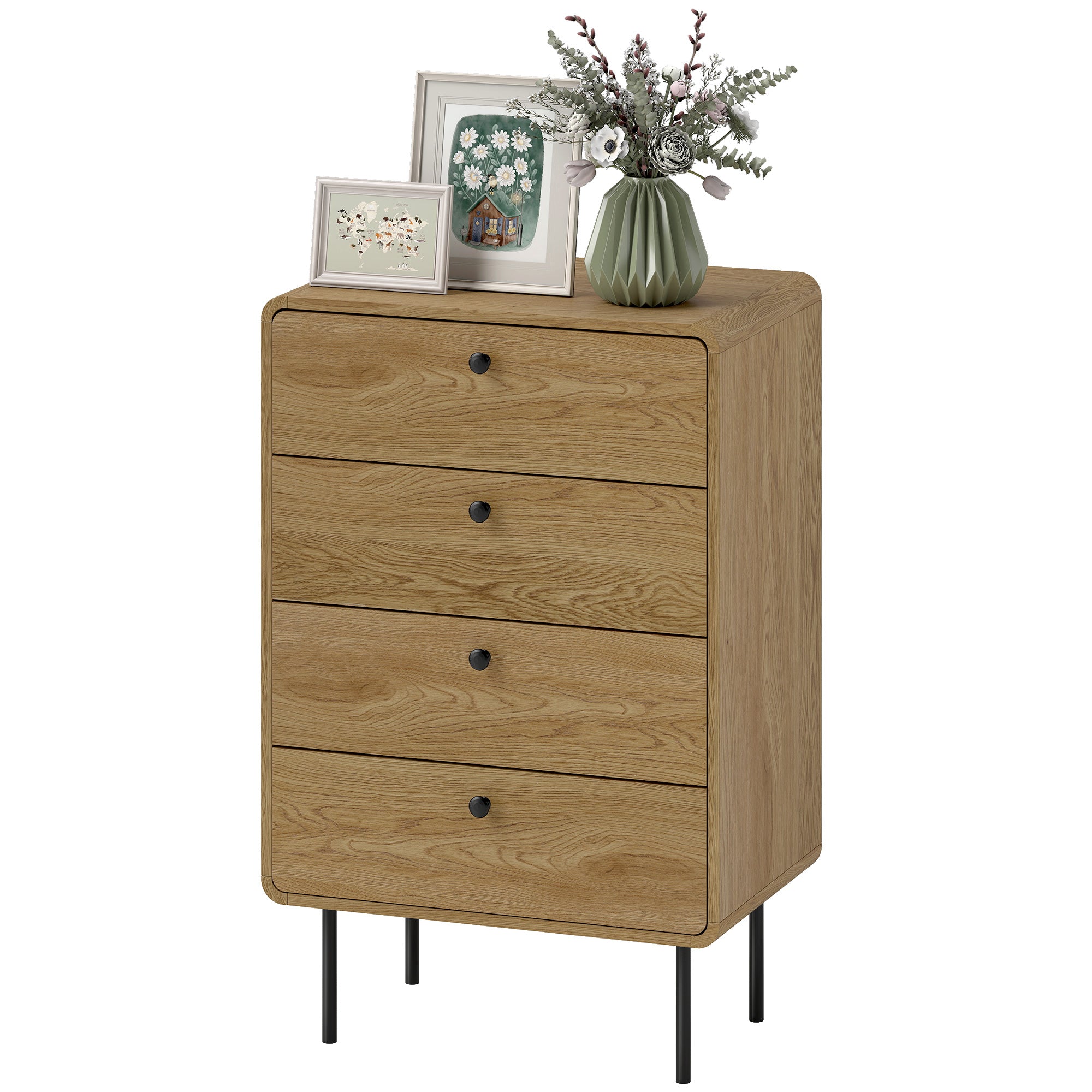 Modern Chest of Drawers with 4 Drawers, Dresser with Wood Handles and Steel Legs for Bedroom, Living Room, Entryway, Oak
