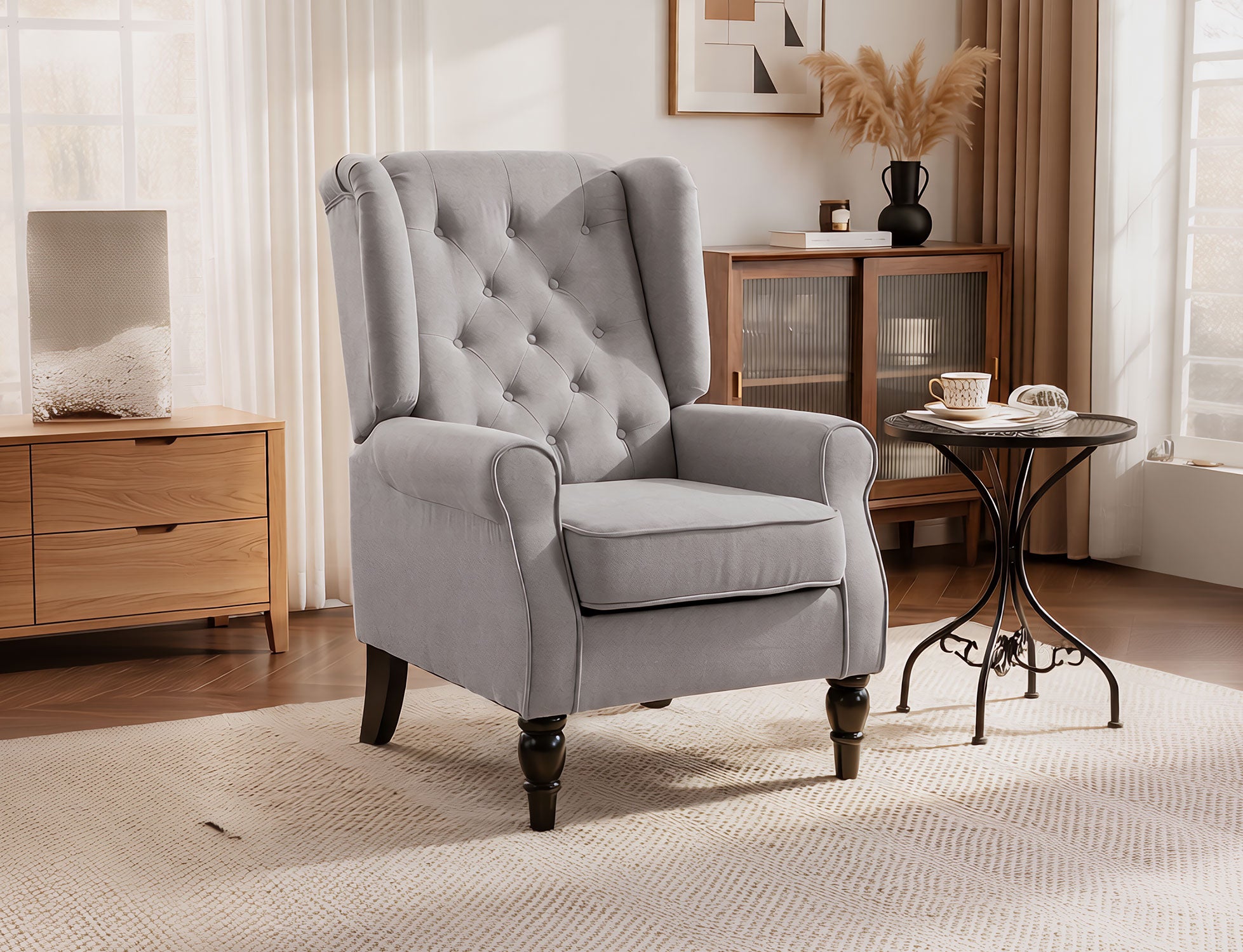 Mid Century Arm Chair for Living Room, Velvet Wingback Armchair with Wood Frame Button Tufted Design, Charcoal Grey