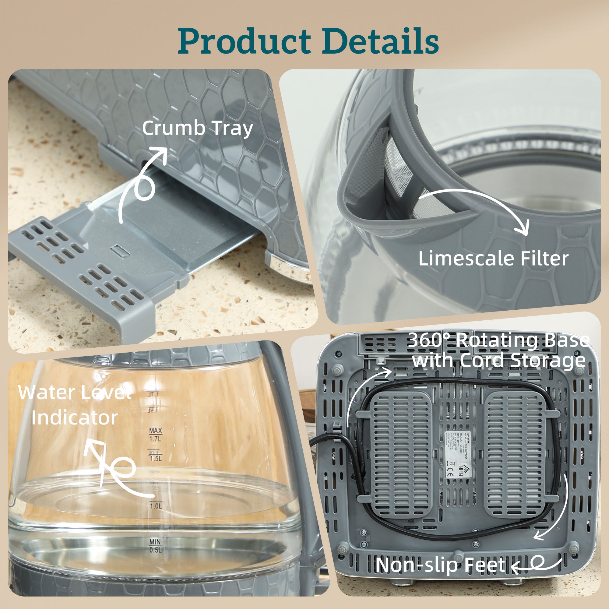 Kettle and Toaster Set, 1.7L 3000W Rapid Boil Jug Kettle with Strix Thermostat, Limescale Filter, 4 Slice Toaster with 7 Browning Controls, Crumb Tray, Grey