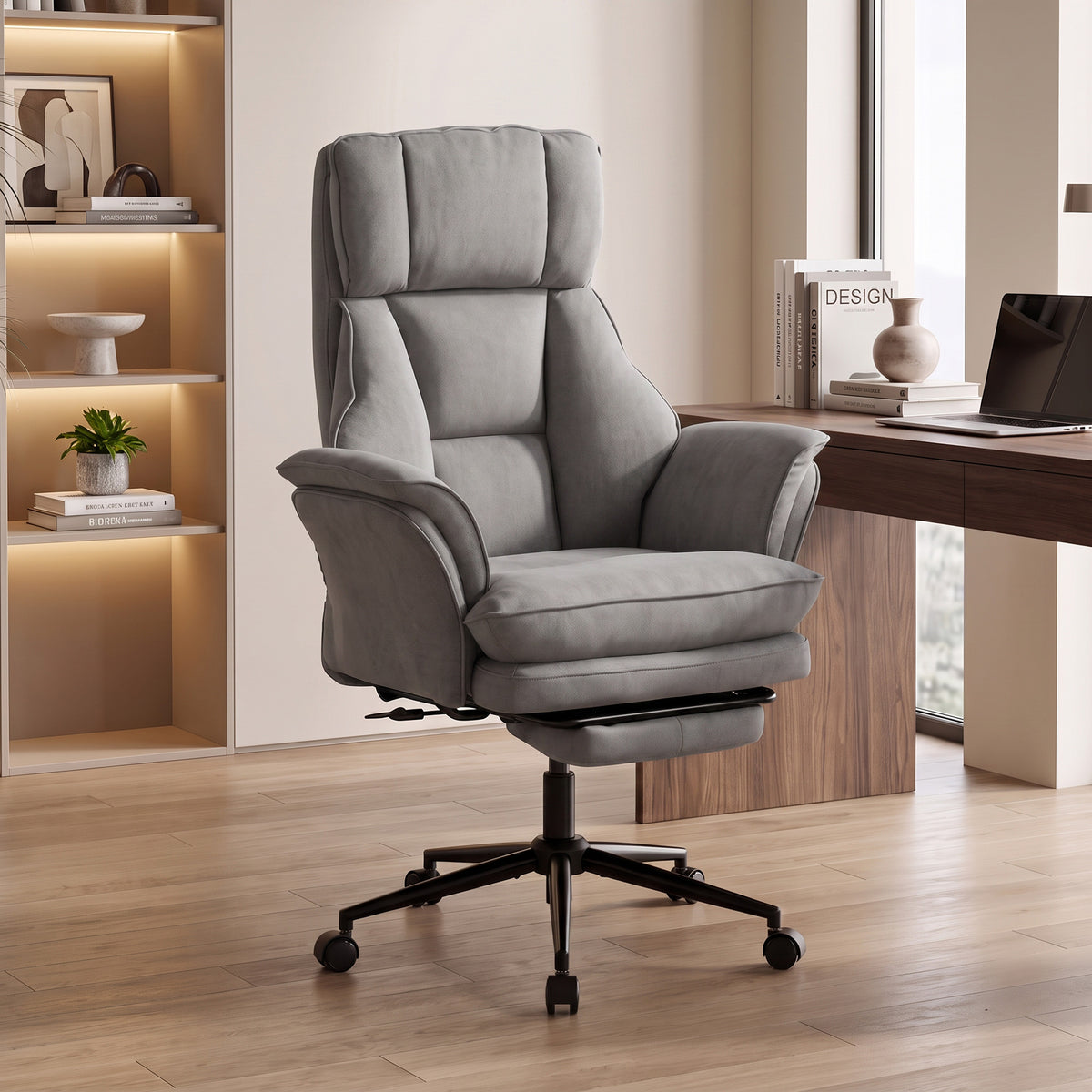 Cross Legged Office Chair with Footrest, 396 lbs Reclining Computer Desk Chair with High Back, Flip-up Armrests, Adjustable Height, Thick Cushion, Rocking Function, Grey