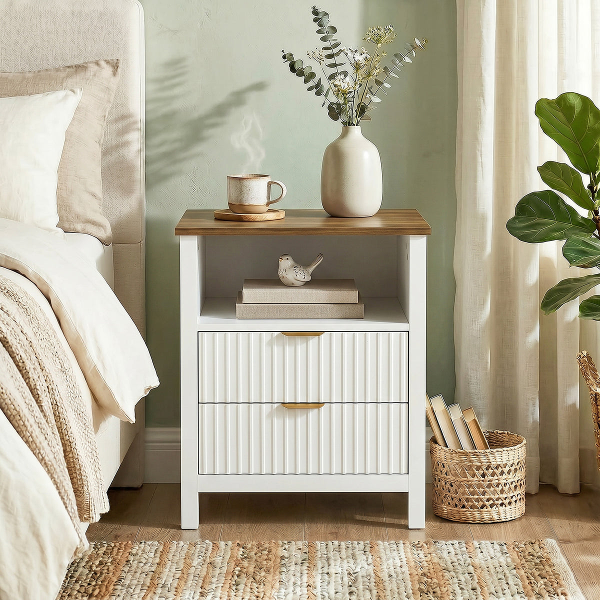 Modern Nightstand with 2 Fluted Drawers, Bedside Table with Open Storage Shelf, Anti-tipping Design, Side End Table for Bedroom Living Room Study, White and Walnut