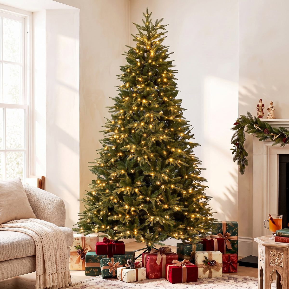9ft Prelit Christmas Tree with Colourful DIY LEDs, Frasier Grande Fir, Hinged Xmas Tree with Remote, 12 Modes, Daily Timer, Dense Tips, Adjustable Brightness