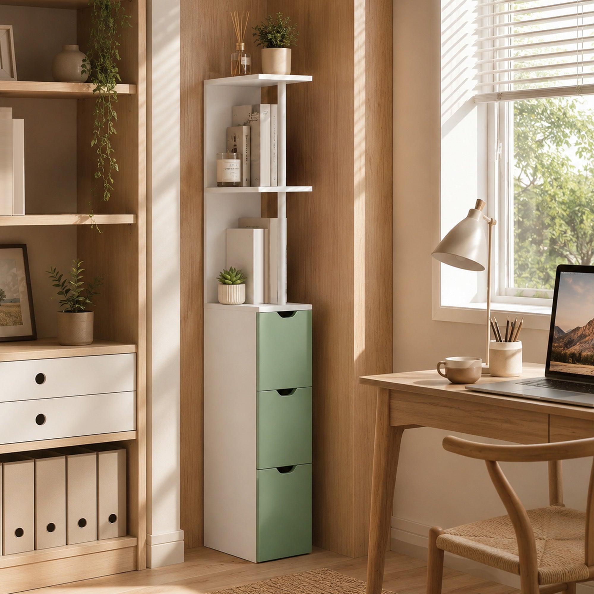 Tall Bathroom Cabinet, Freestanding Slim Bathroom Storage Cabinet with 2-Tier Open Shelf and 2 Drawers for Small Space, Narrow Cupboard Storage Unit, White and Light Green