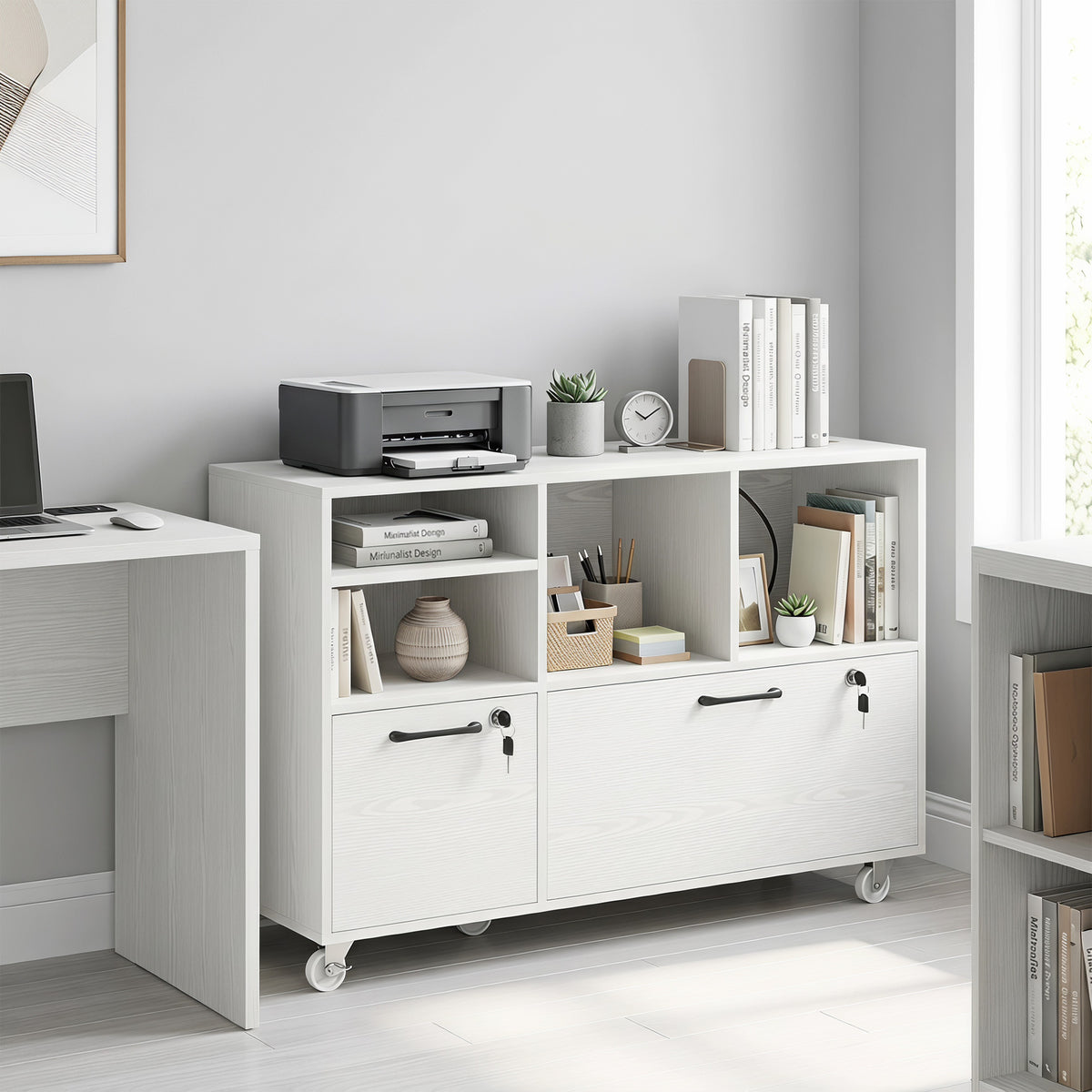 File Cabinet, 2 Drawer Mobile Lateral Filing Cabinet with Lock, Charging Station, Printer Stand with Shelves, Hanging Bars, Fits A4/Letter/Legal Size for Home Office, White