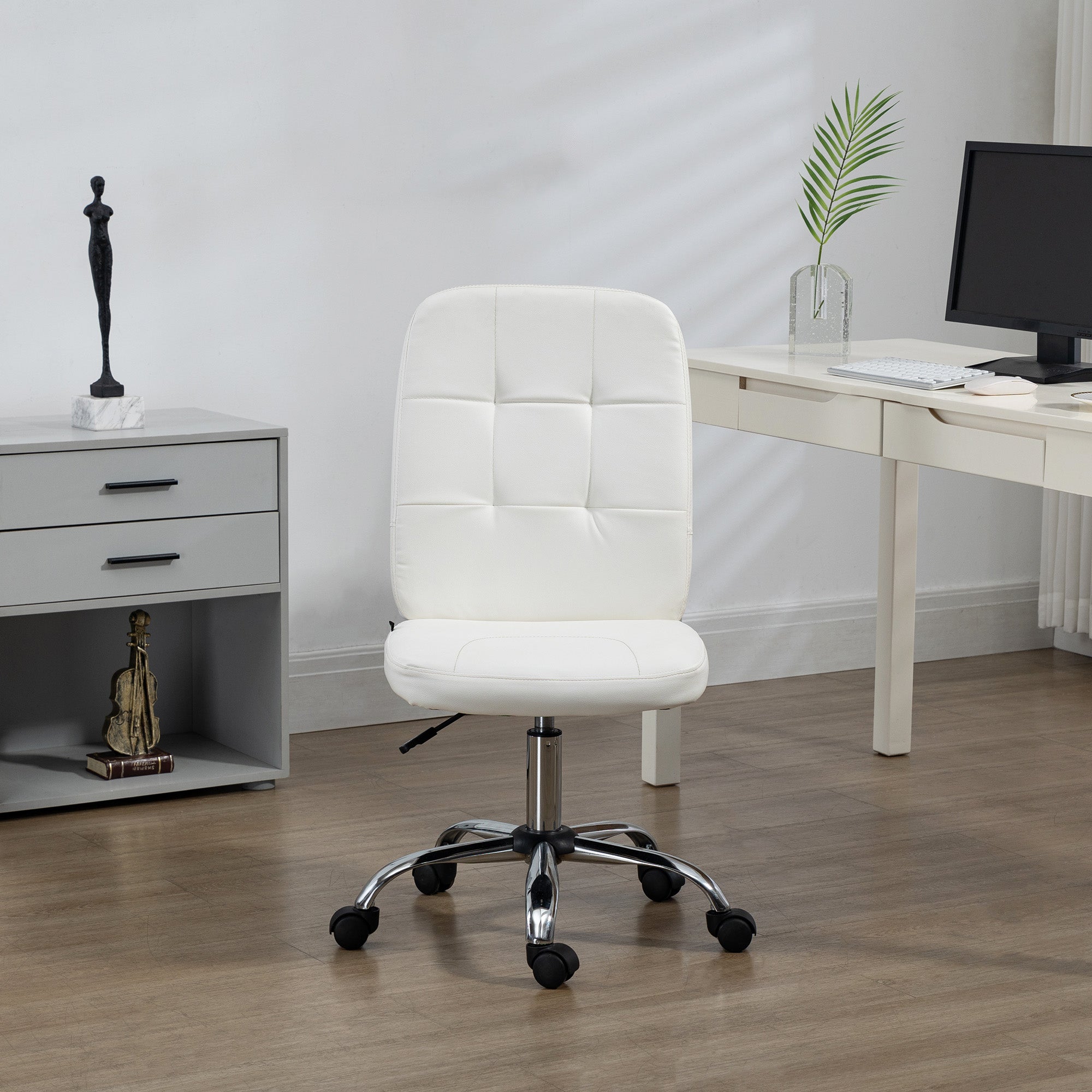 Vinsetto Armless Office Chair, Faux Leather Desk Chair with Adjustable Height, Button Tufted, White