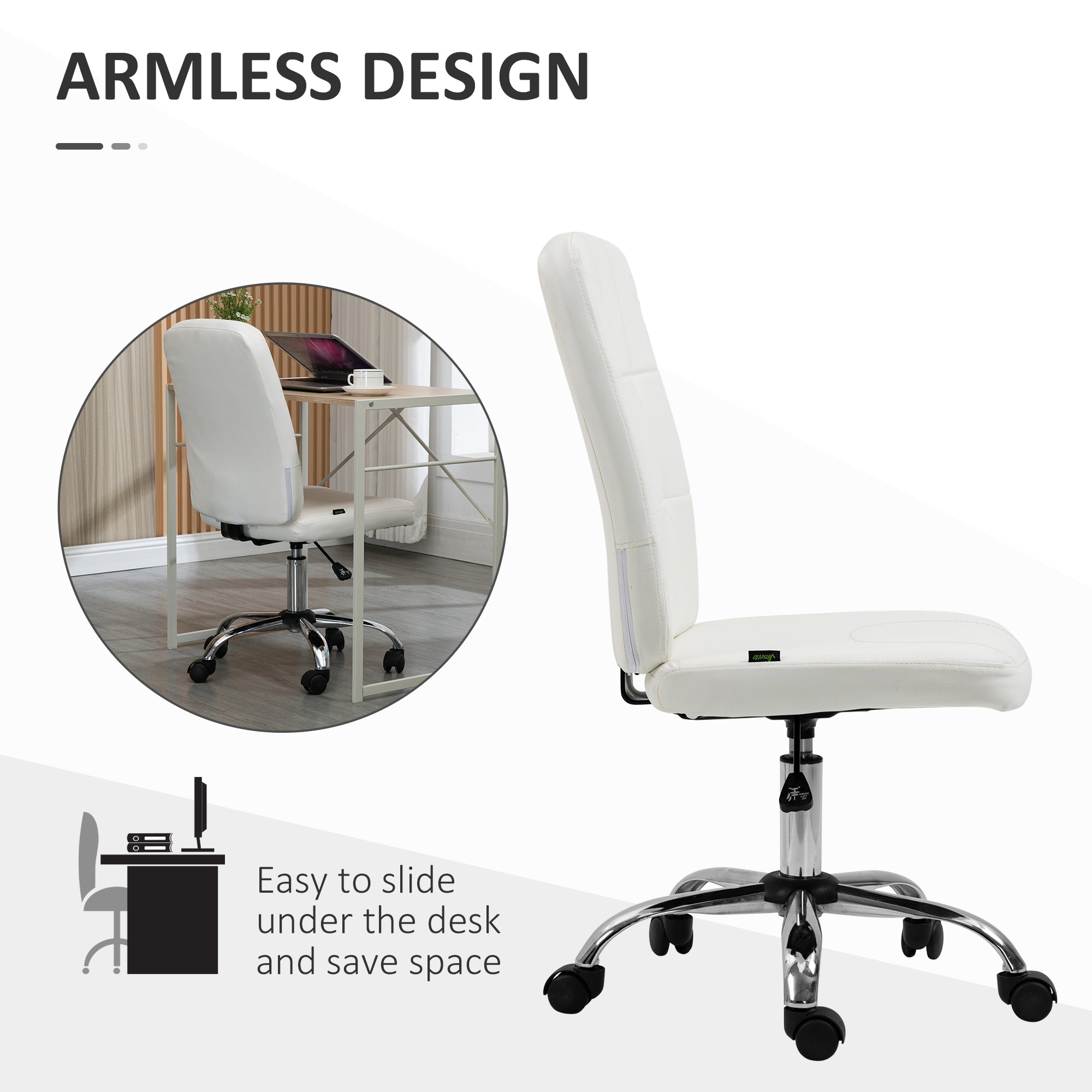 Vinsetto Armless Office Chair, Faux Leather Desk Chair with Adjustable Height, Button Tufted, White