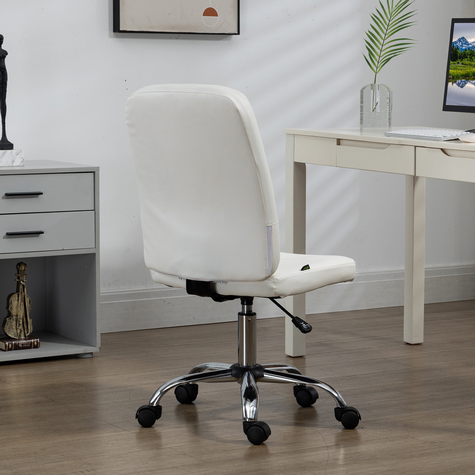 Vinsetto Armless Office Chair, Faux Leather Desk Chair with Adjustable Height, Button Tufted, White