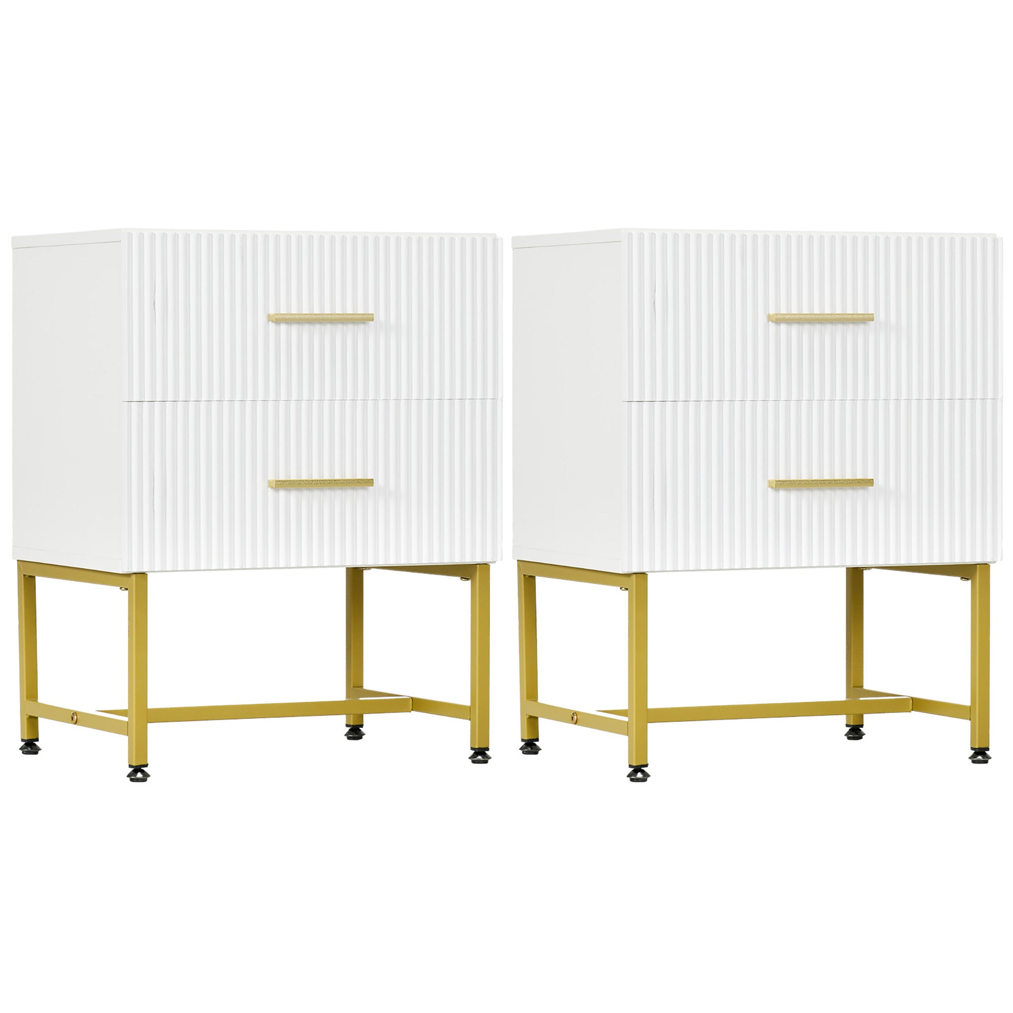 HOMCOM Modern Nightstands Set of 2, Bedside Tables with 2 Drawers and Fluted Panels, End Tables with Storage and Gold Legs for Bedroom, White