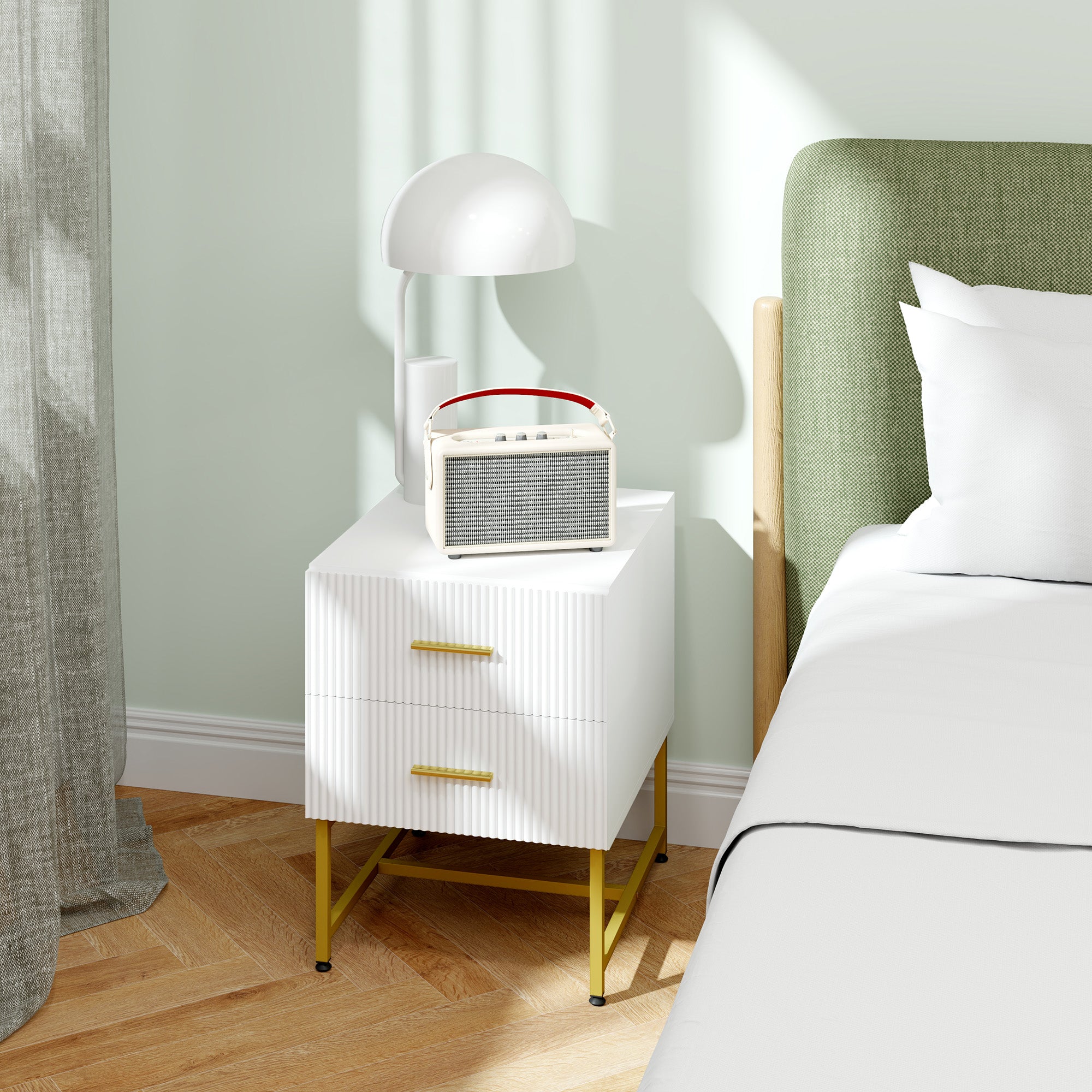 HOMCOM Modern Nightstands Set of 2, Bedside Tables with 2 Drawers and Fluted Panels, End Tables with Storage and Gold Legs for Bedroom, White