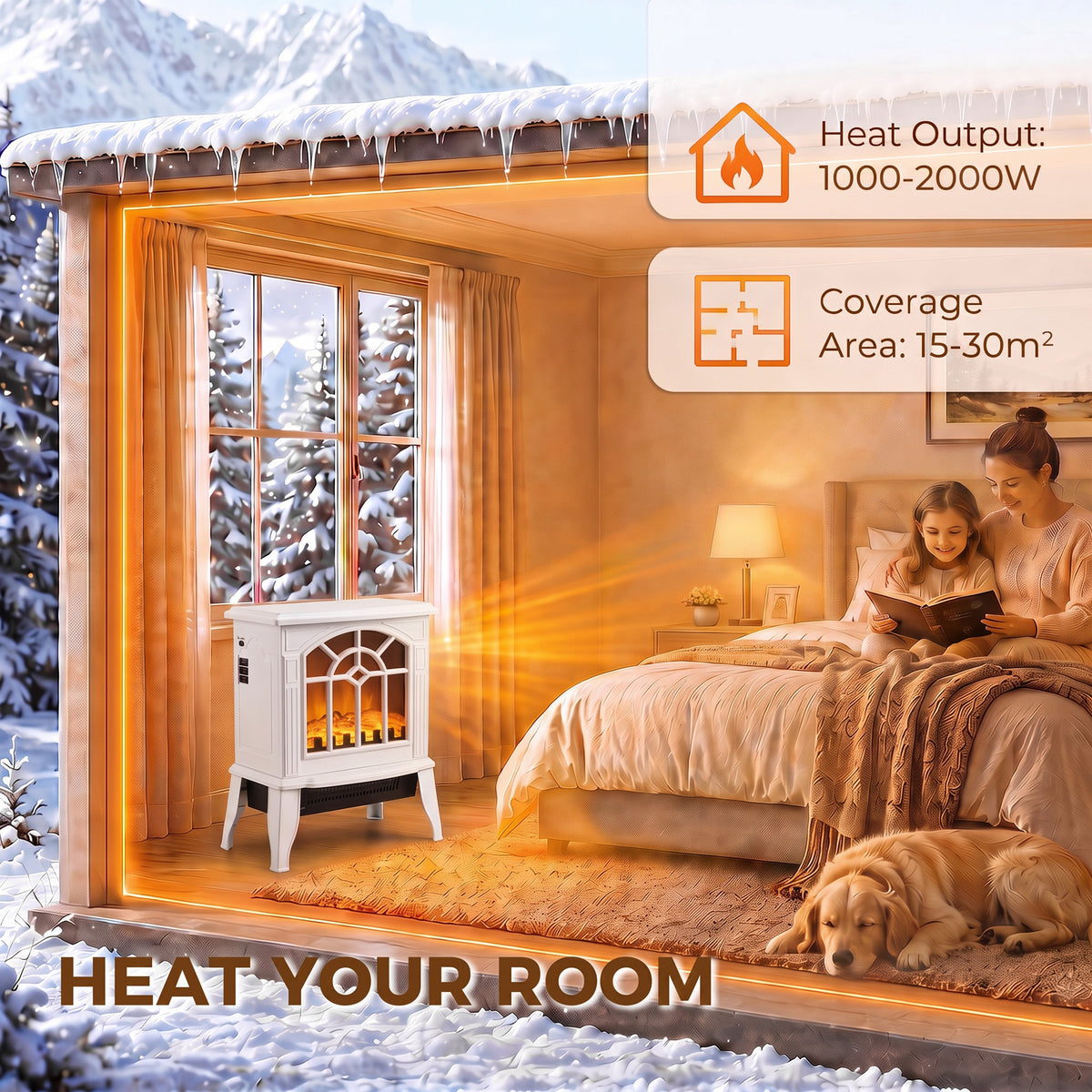 Freestanding Electric Fireplace, Electric Log Burner with LED Flame Effect, Overheating Safety System, 1000W/2000W, White