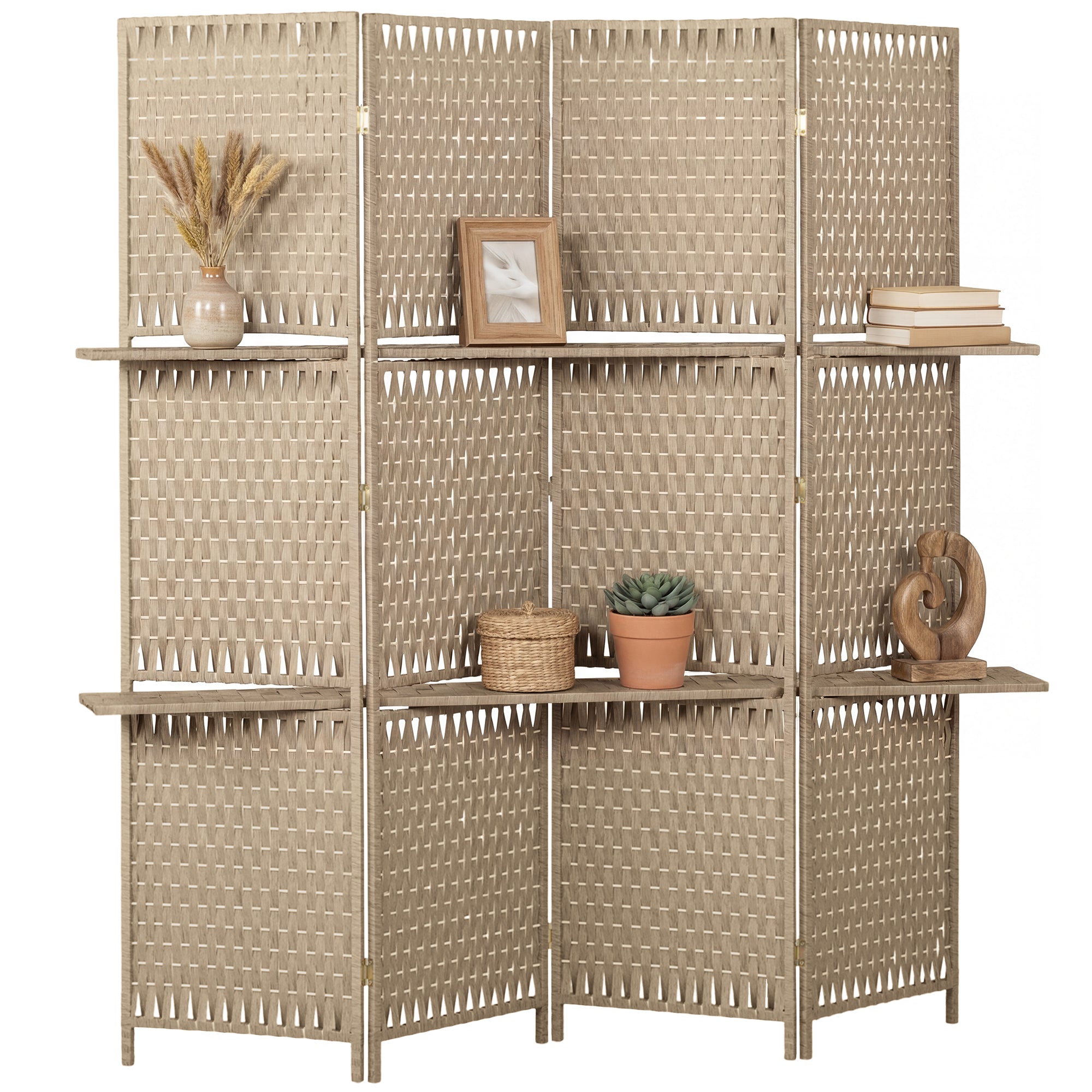 4-Panel Room Divider with Shelves, Wave Fibre Freestanding Folding Privacy Screen Panels, Partition Wall Divider for Indoor Bedroom Office, 180 cm, Natural Wood Finish
