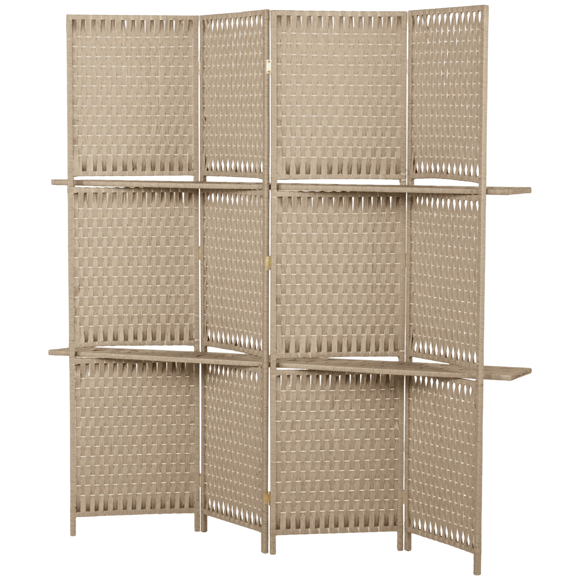 4-Panel Room Divider with Shelves, Wave Fibre Freestanding Folding Privacy Screen Panels, Partition Wall Divider for Indoor Bedroom Office, 180 cm, Natural Wood Finish