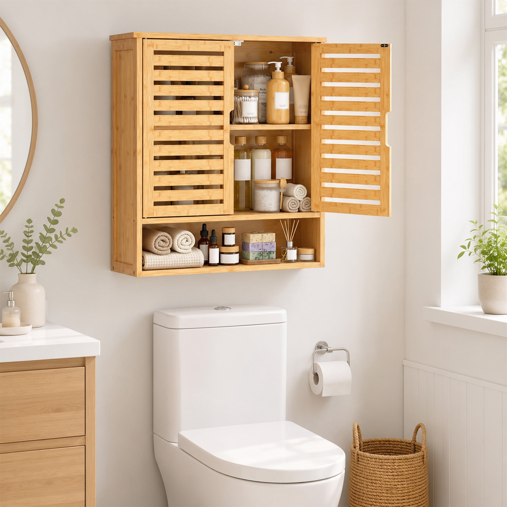 Bathroom Wall Cabinet, Wall Mounted Bathroom Cabinet with 2 Louvered Doors, Open Shelf and Adjustable Shelf Storage for Toilet, Laundry, Oak