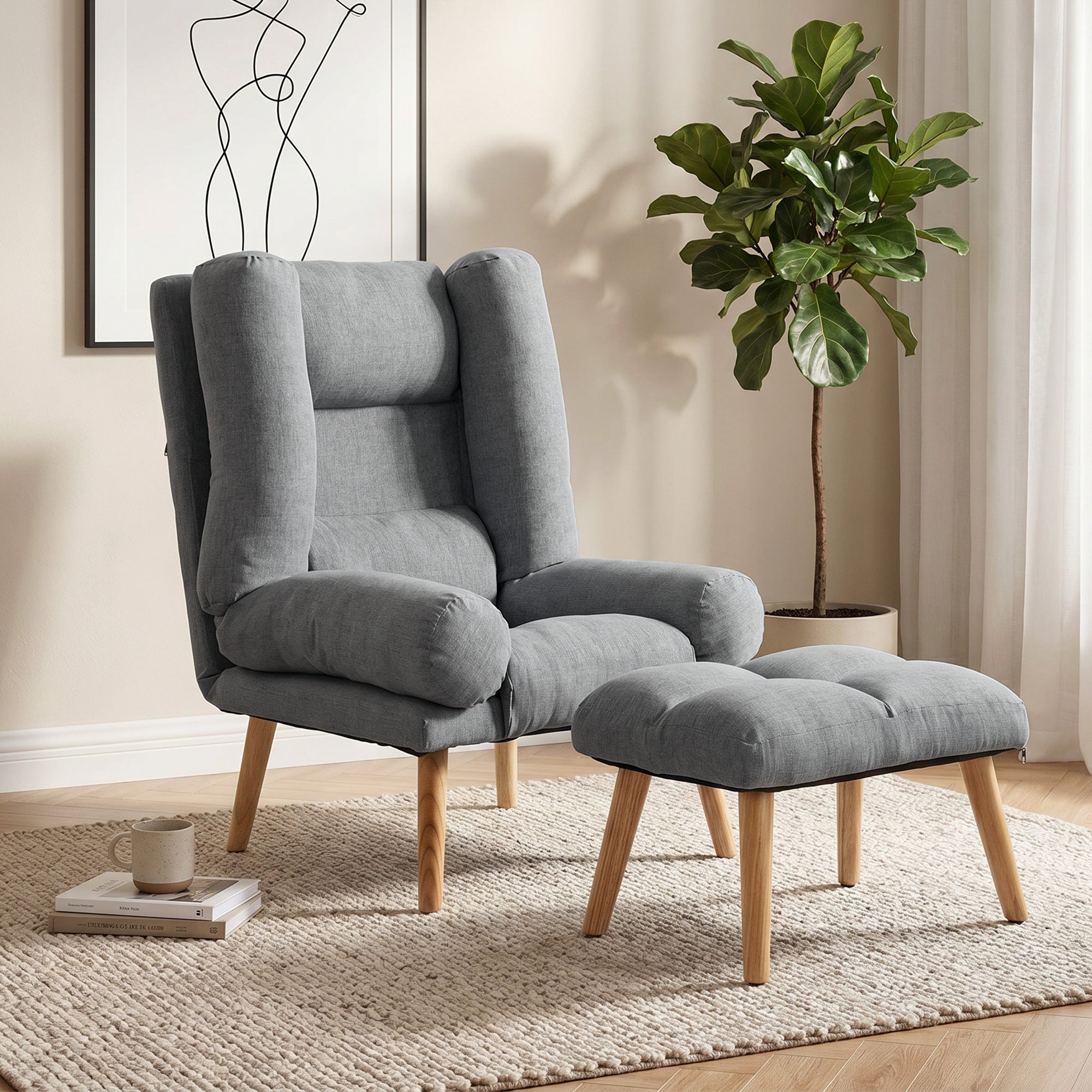 Recliner Chair with Footstool, Linen-Look Fabric Recliner Armchair with Adjustable Backrest, Thick Cushion and Wooden Legs, Reclining Chair for Living Room, Bedroom, Grey