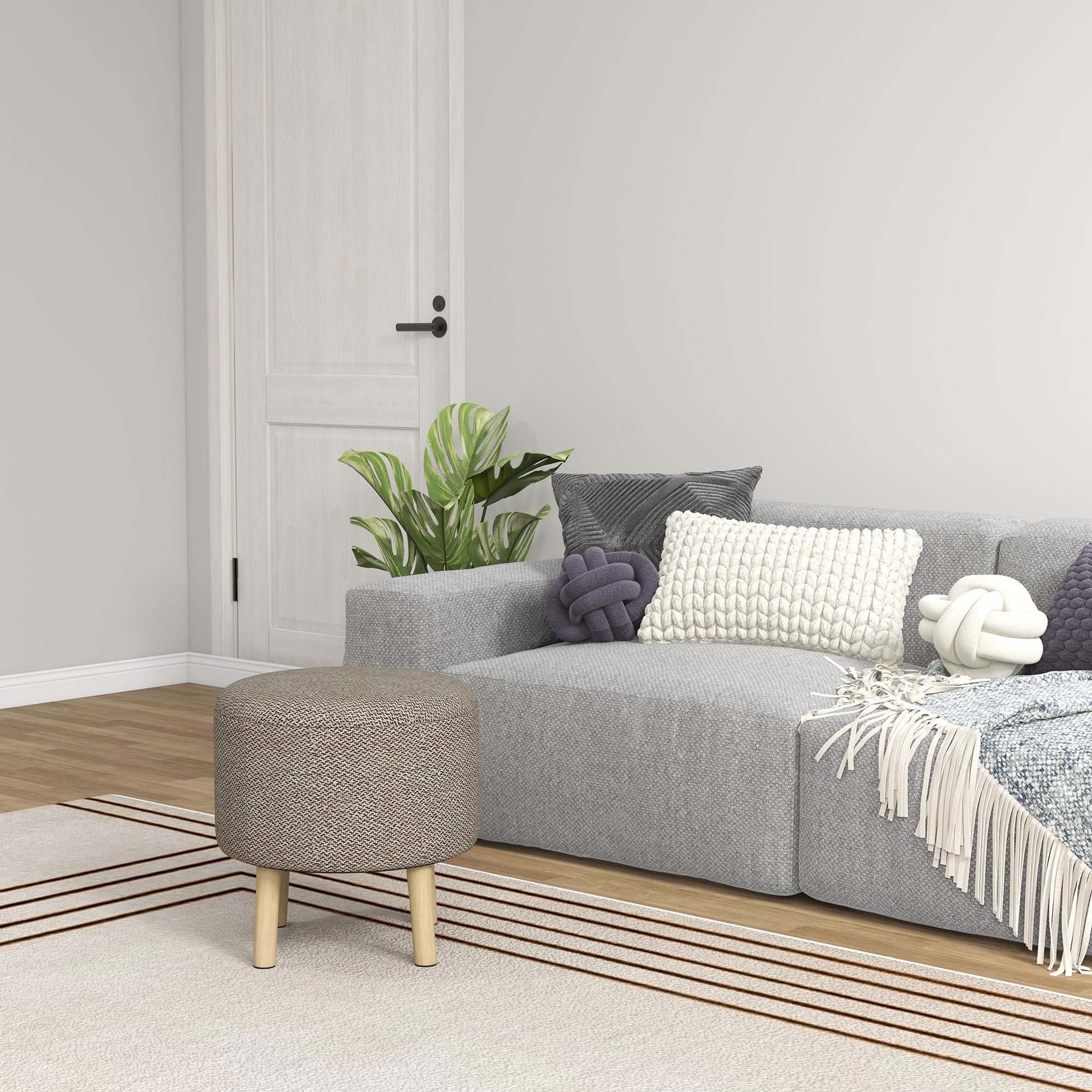 HOMCOM Round Storage Stool, Linen Fabric Upholstered Foot Stool with Removable Top, Padded Seat, Hidden Space and Wooden Legs for Living Room, Light Grey