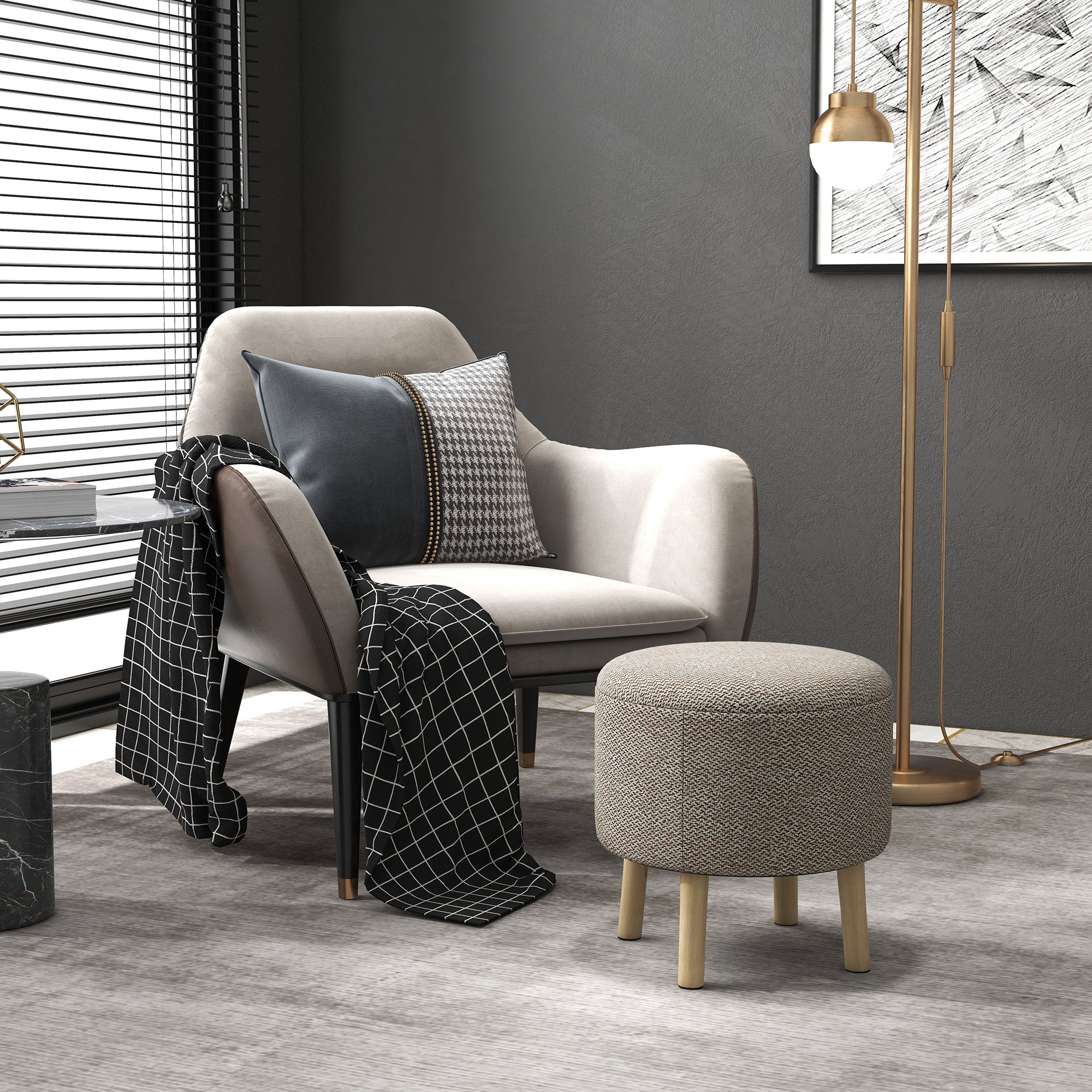 HOMCOM Round Storage Stool, Linen Fabric Upholstered Foot Stool with Removable Top, Padded Seat, Hidden Space and Wooden Legs for Living Room, Light Grey