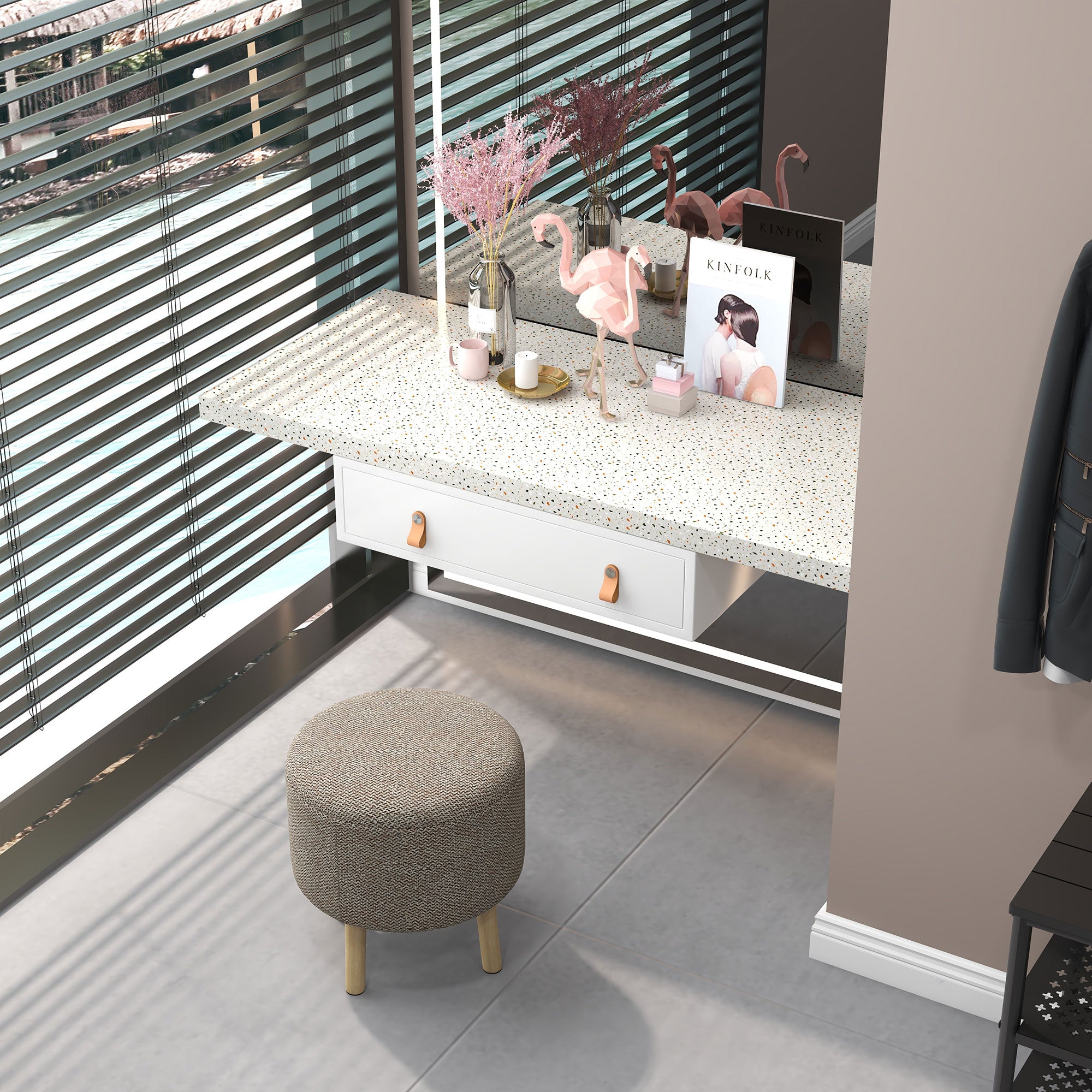 HOMCOM Round Storage Stool, Linen Fabric Upholstered Foot Stool with Removable Top, Padded Seat, Hidden Space and Wooden Legs for Living Room, Light Grey