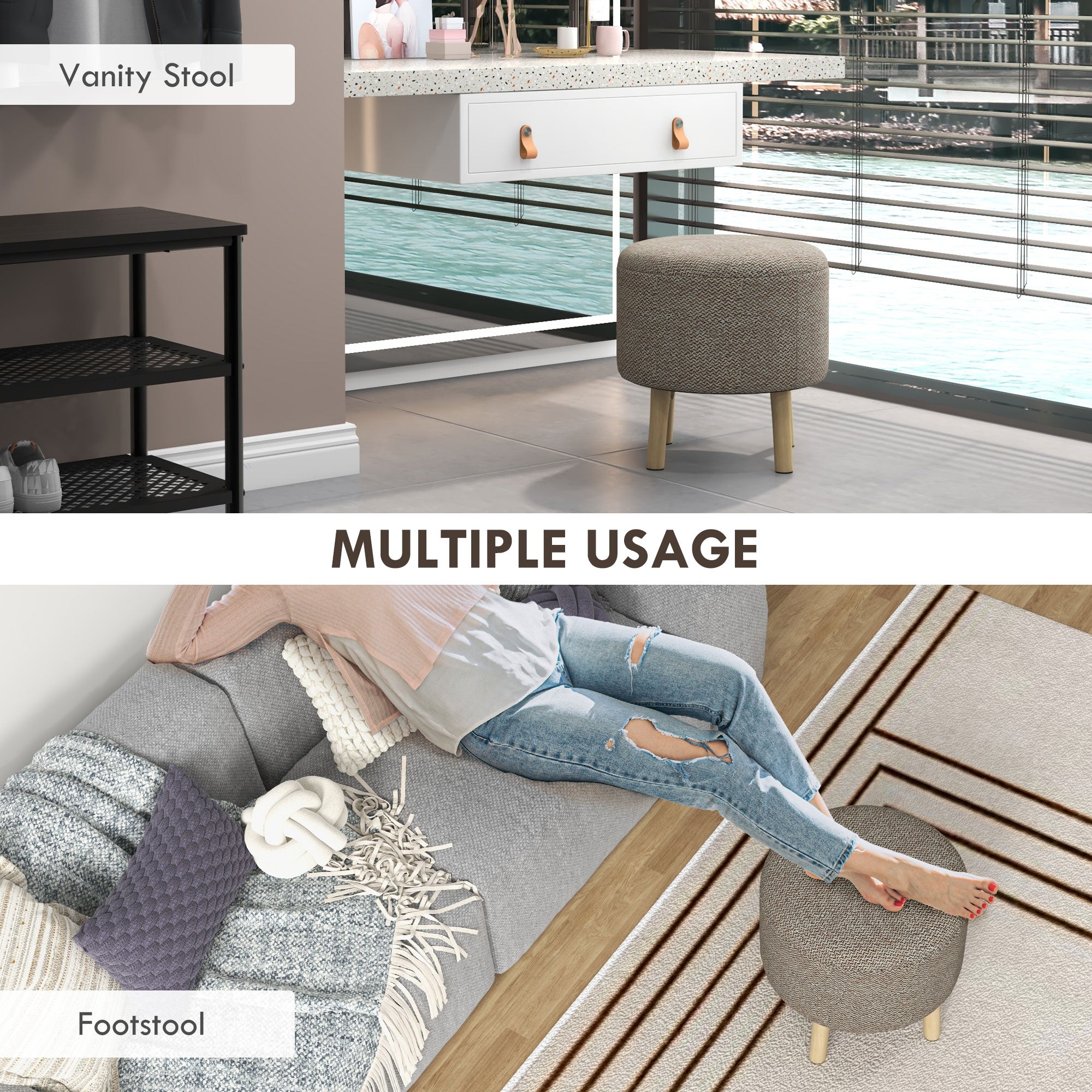 HOMCOM Round Storage Stool, Linen Fabric Upholstered Foot Stool with Removable Top, Padded Seat, Hidden Space and Wooden Legs for Living Room, Light Grey