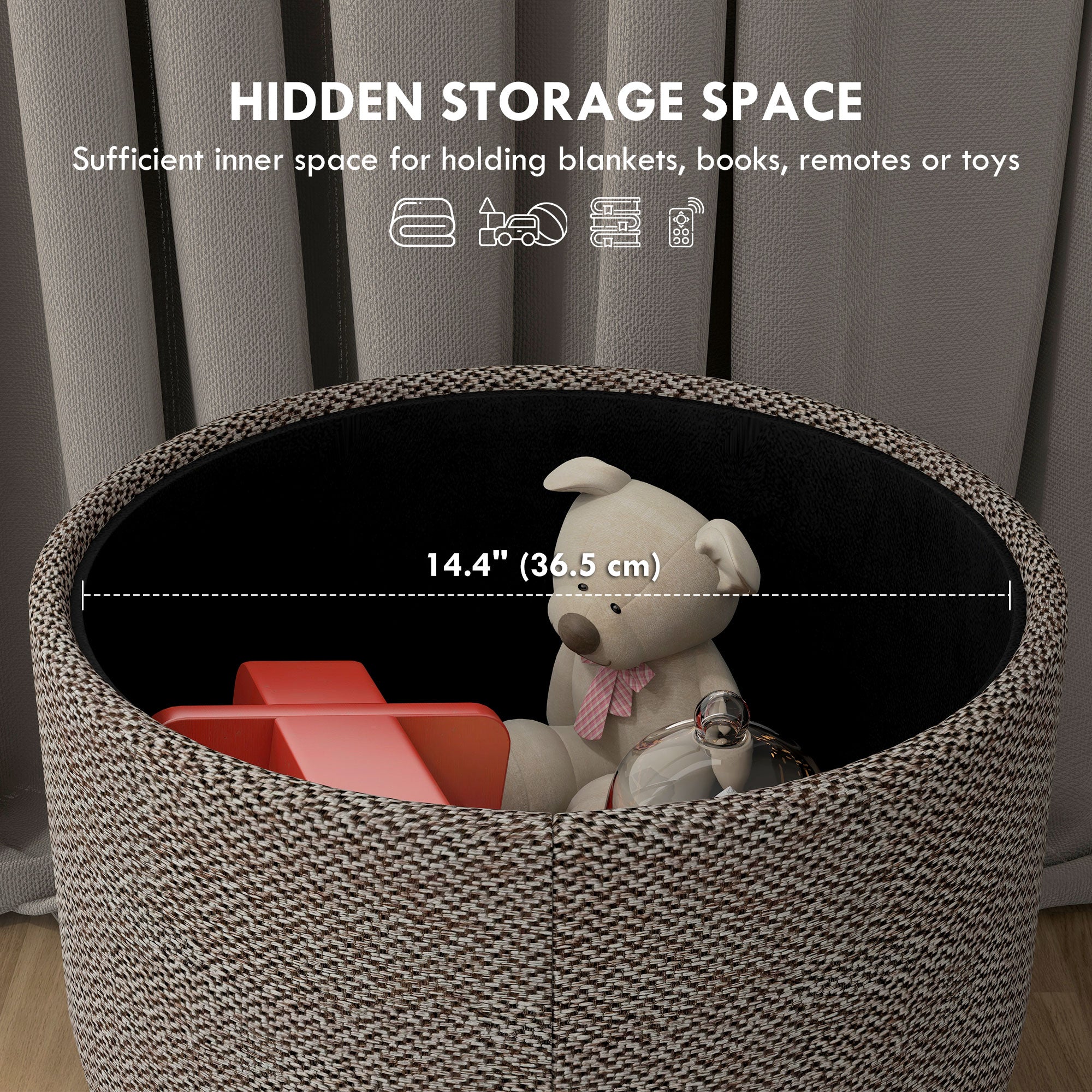 HOMCOM Round Storage Stool, Linen Fabric Upholstered Foot Stool with Removable Top, Padded Seat, Hidden Space and Wooden Legs for Living Room, Light Grey