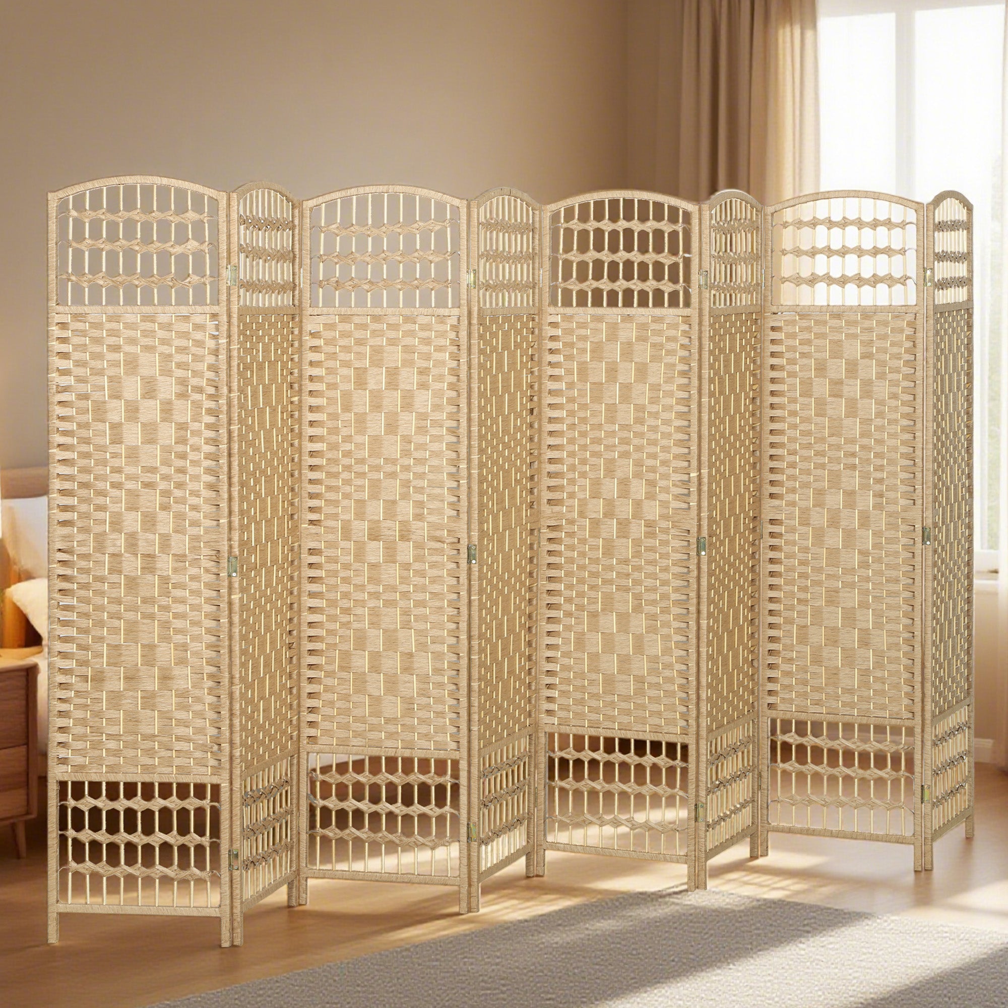 8 Panel Room Divider, 5.6 ft Tall Folding Privacy Screen, Wave Fiber Freestanding Partition Wall Divider for Home Office, Natural