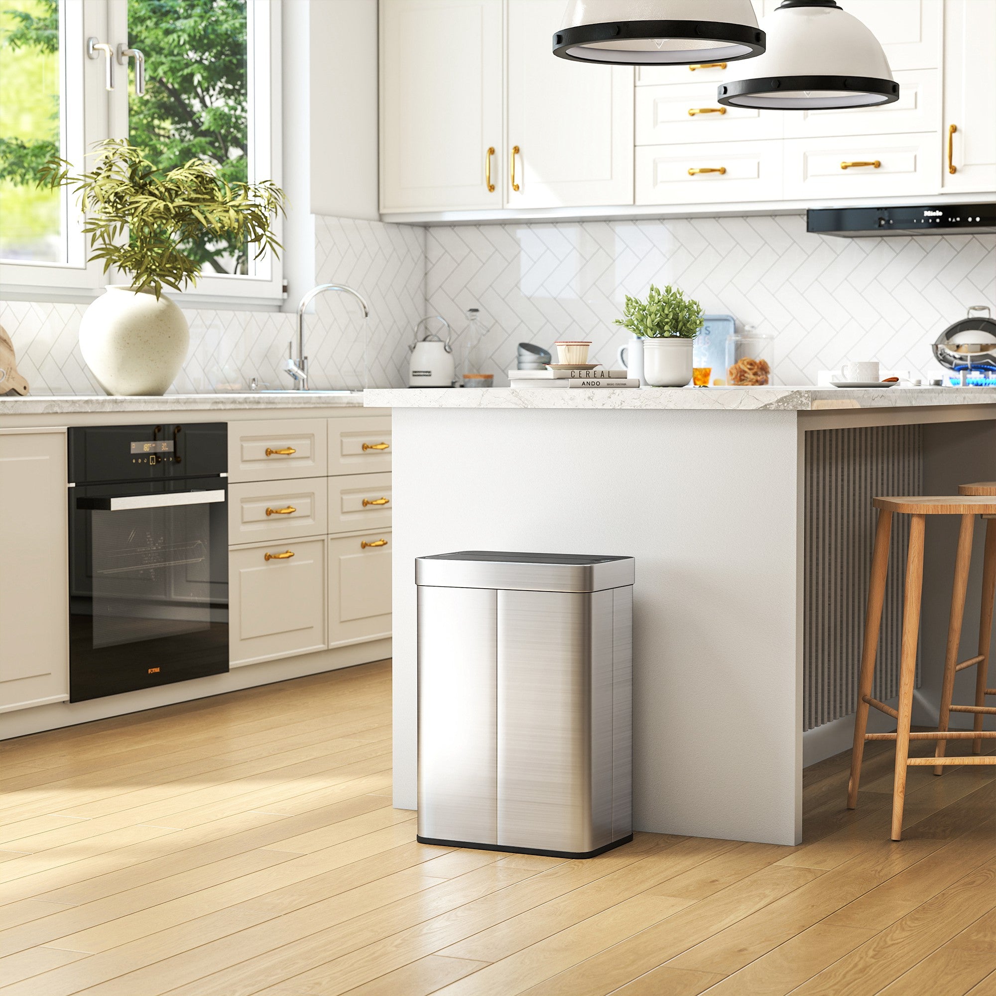 55L Sensor Bin, Large Automatic Touchless Rubbish Bin with Soft-Close Lid, Fingerprint-Proof Stainless Steel, Rectangular Trash Can for Kitchen, Gym, Home Office, Silver Tone