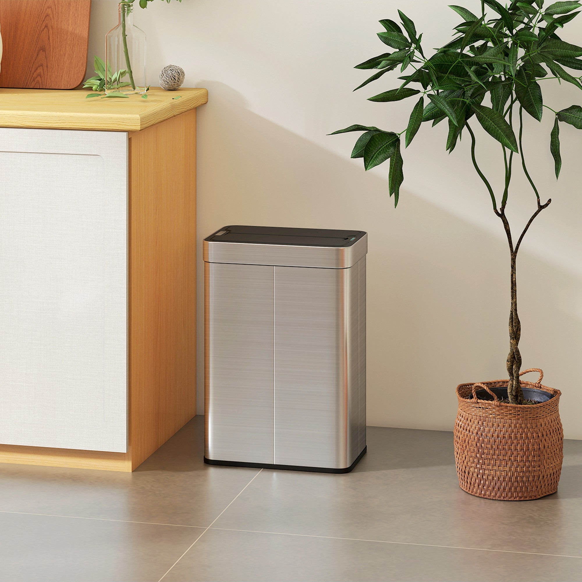 55L Sensor Bin, Large Automatic Touchless Rubbish Bin with Soft-Close Lid, Fingerprint-Proof Stainless Steel, Rectangular Trash Can for Kitchen, Gym, Home Office, Silver Tone