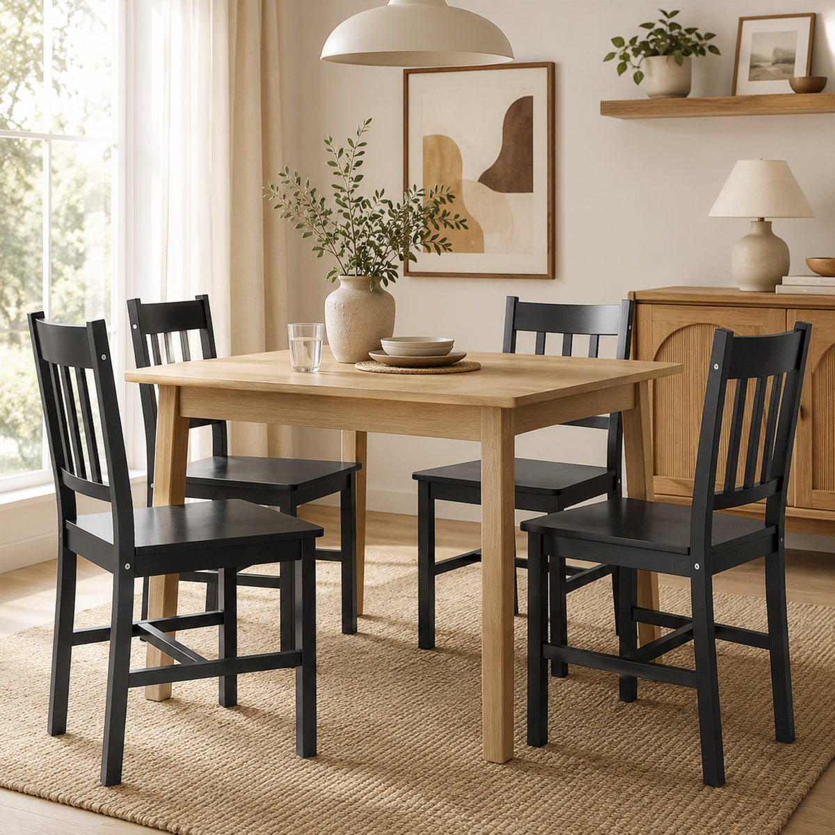 Dining Chairs Set of 2, Kitchen Chair with Slat Back, Pine Wood Structure for Living Room and Dining Room, Black