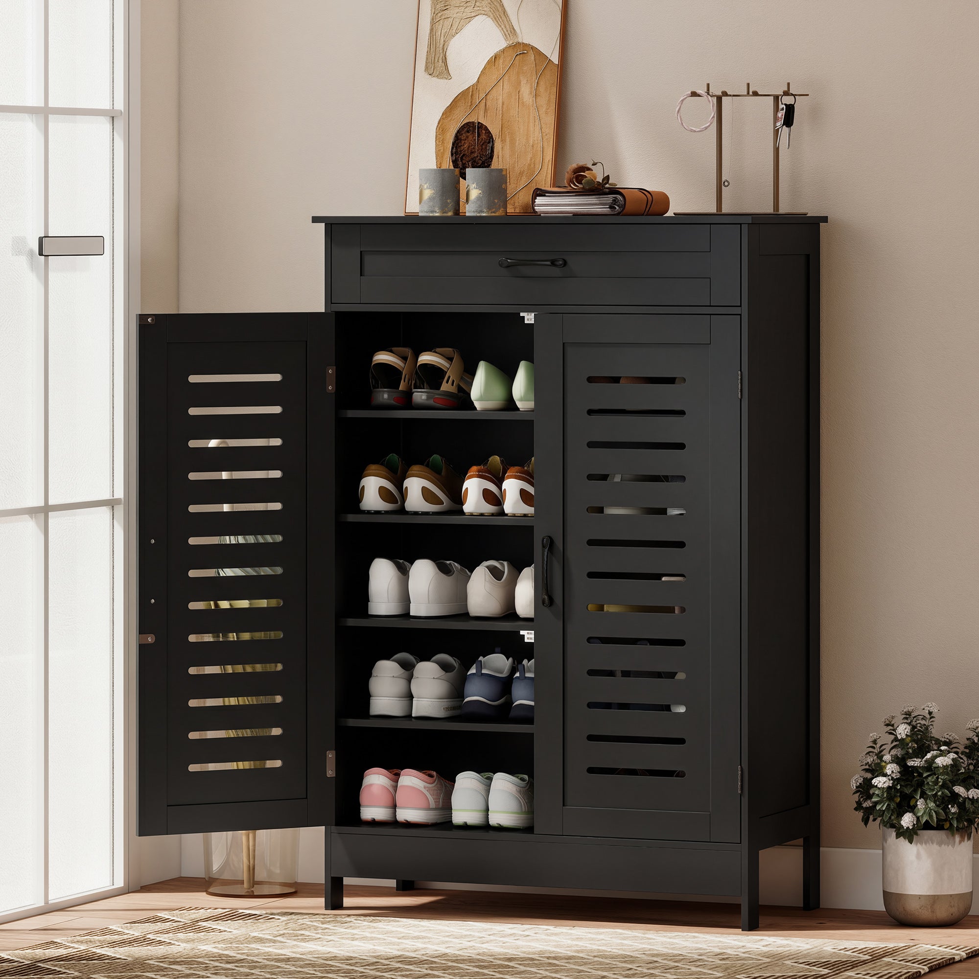 Shoe Cabinet with Louvered Doors, Modern Shoe Storage Cabinet with Drawer and Adjustable Shelves, Holds up to 20 Pairs for Entryway, Hallway, Black