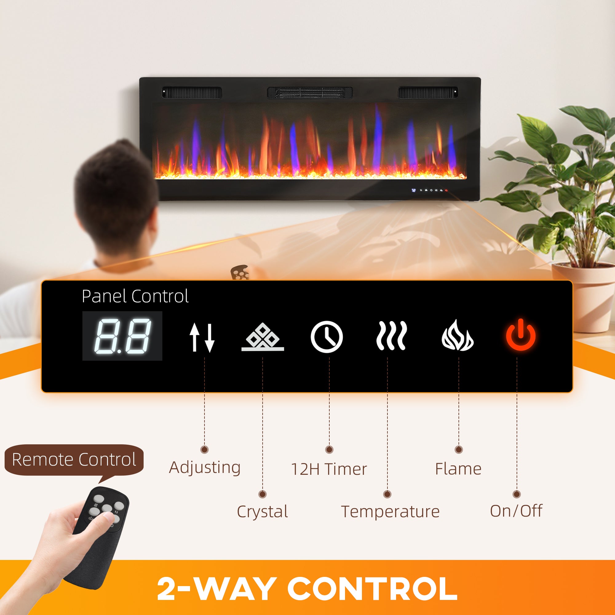 50" Thin Electric Fireplace, Freestanding, Recessed, Wall Mounted Fireplace Heater with Adjustable Flame and Thermostat, Eco Mode, Auto Switch, 12H Timer, Remote, 750/1500W