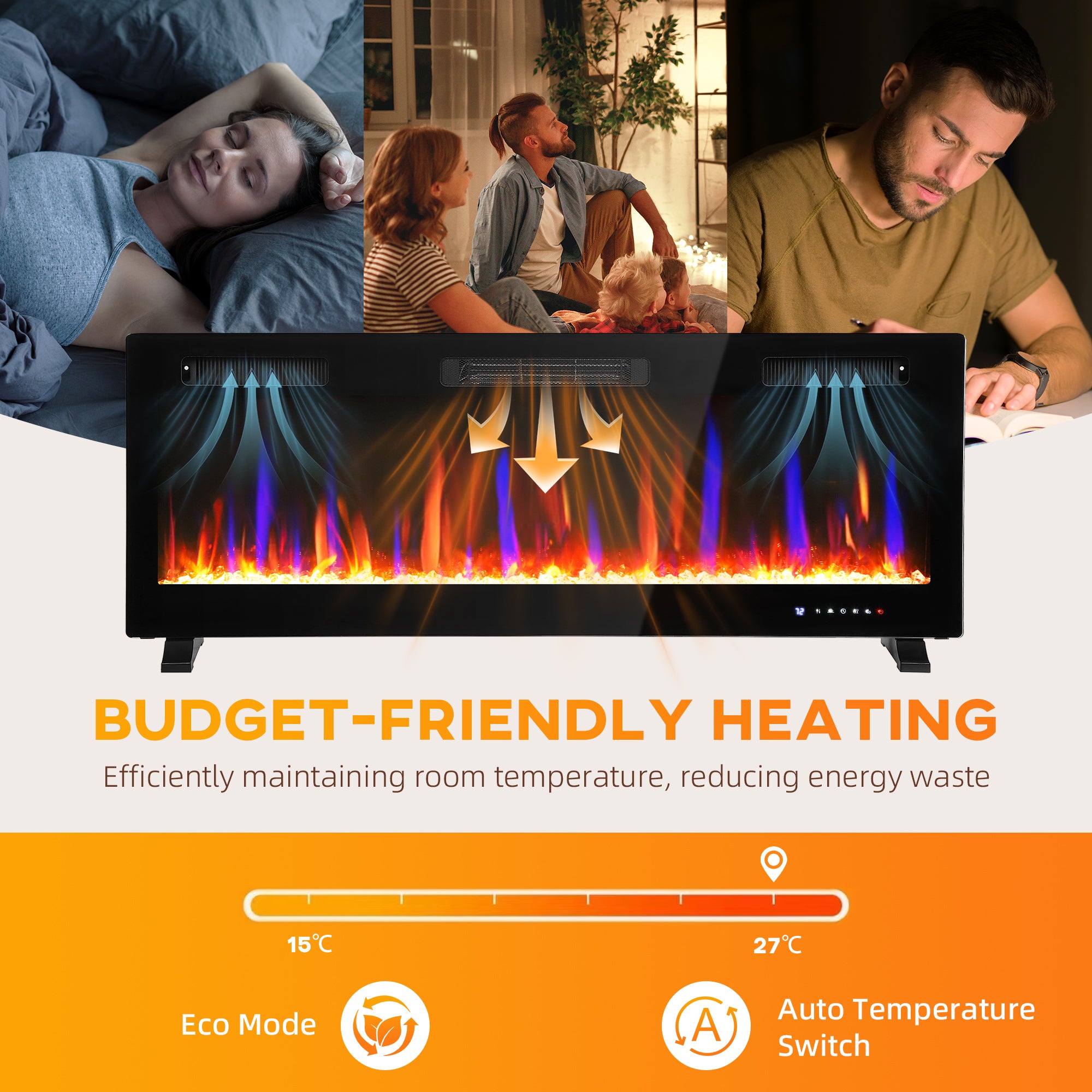 50" Thin Electric Fireplace, Freestanding, Recessed, Wall Mounted Fireplace Heater with Adjustable Flame and Thermostat, Eco Mode, Auto Switch, 12H Timer, Remote, 750/1500W