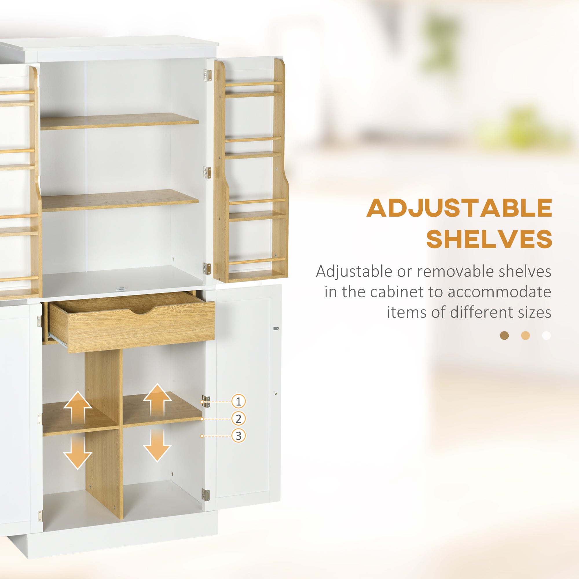 72" Kitchen Pantry Storage Cabinet with 5 Tier Storage Shelving & Drawer, White
