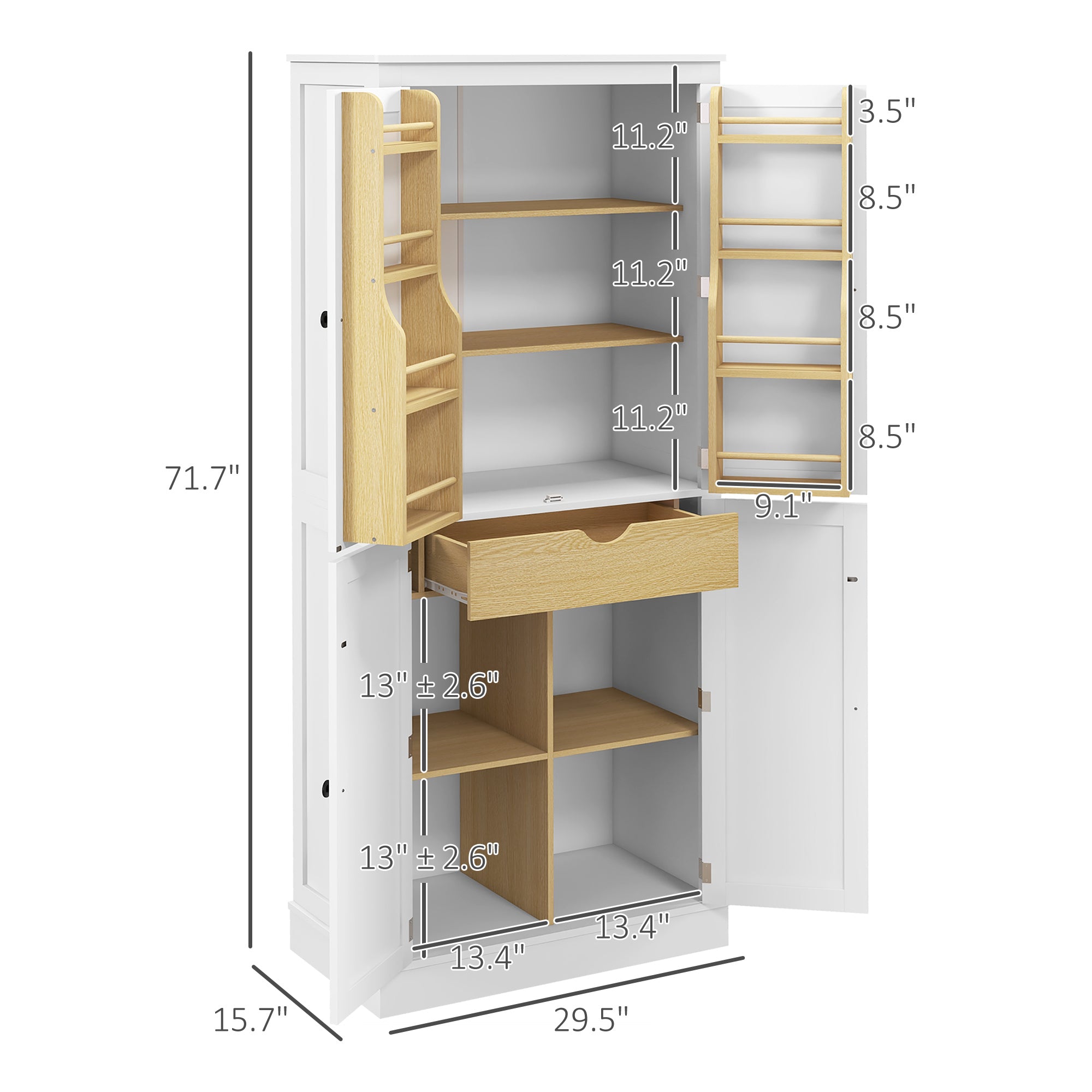 72" Kitchen Pantry Storage Cabinet with 5 Tier Storage Shelving & Drawer, White