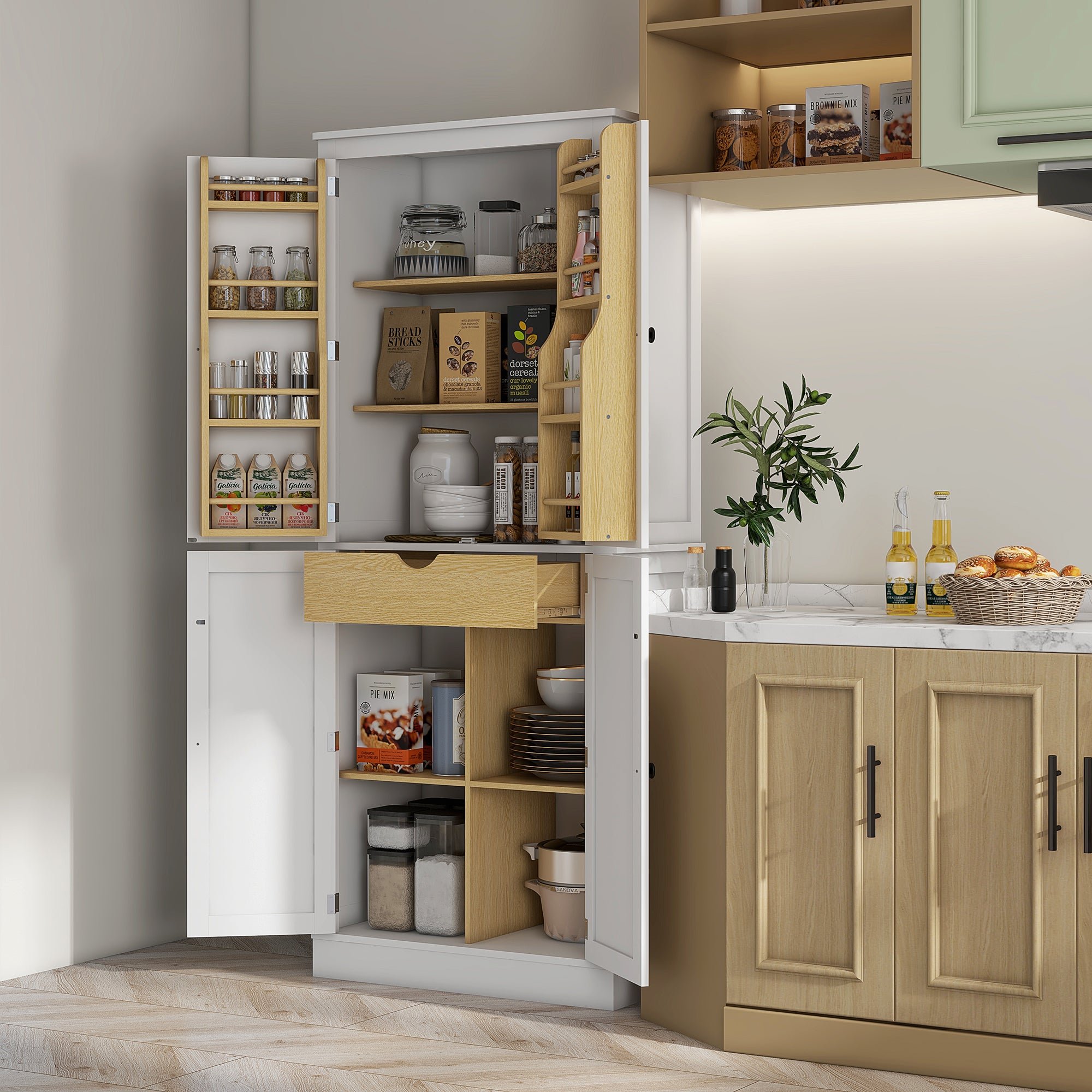 72" Kitchen Pantry Storage Cabinet with 5 Tier Storage Shelving & Drawer, White