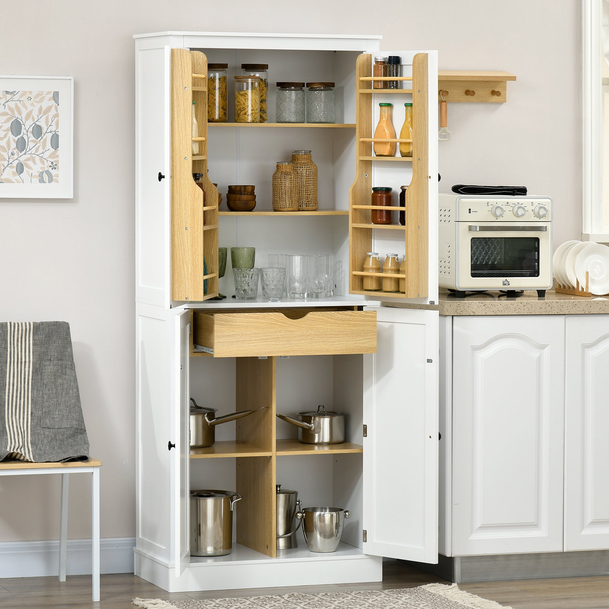 72" Kitchen Pantry Storage Cabinet with 5 Tier Storage Shelving & Drawer, White