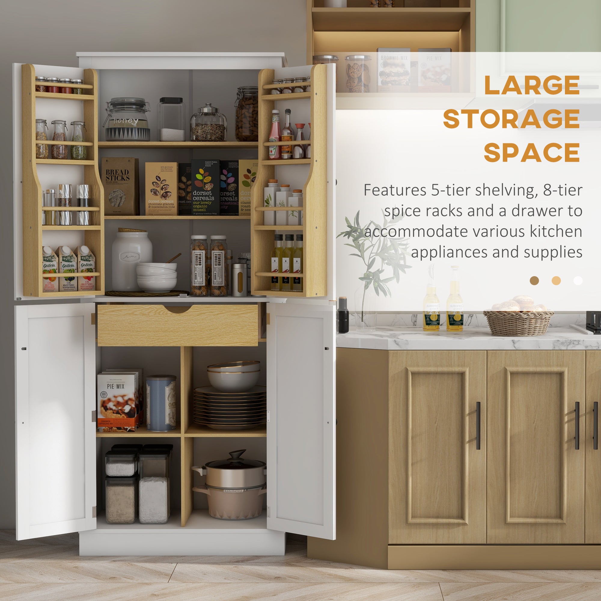 72" Kitchen Pantry Storage Cabinet with 5 Tier Storage Shelving & Drawer, White