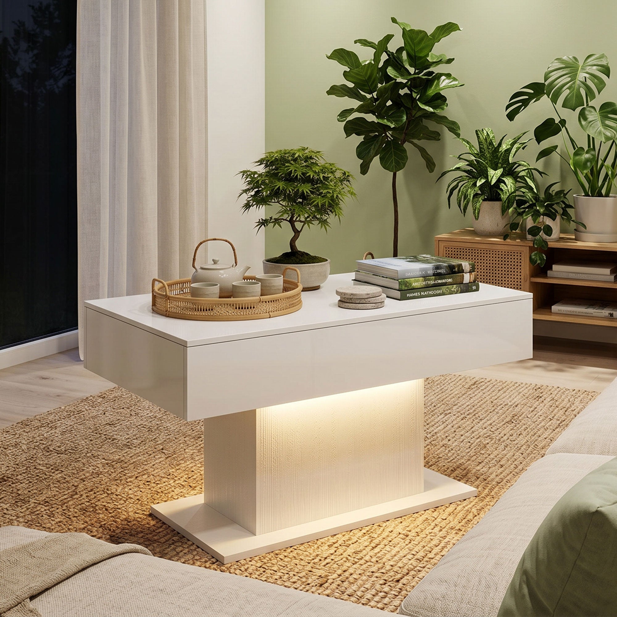 LED Coffee Table with Storage, High Gloss Modern Center Table with 2 Drawers and Remote Control for Living Room, White
