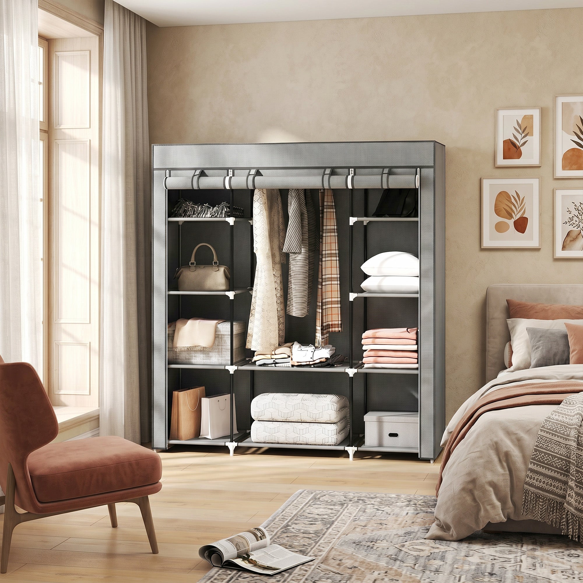 Portable Wardrobe, Foldable Fabric Wardrobe, 150 x 43 x 162.5cm, Clothes Storage Organiser with Hanging Rail, Shelves, Fabric Cover for Bedroom, Light Grey