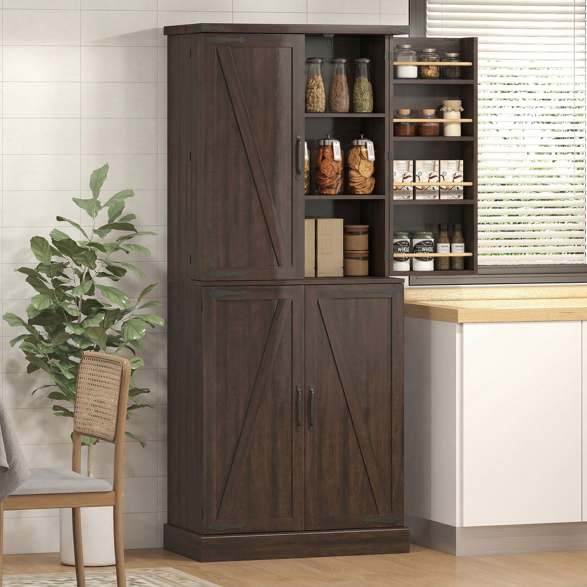 72" Tall Kitchen Pantry Cabinet, Farmhouse Storage Cabinet with 8 Door Racks and Drawer, Freestanding Food Pantry with Adjustable Shelves and Barn Doors, Distressed Brown