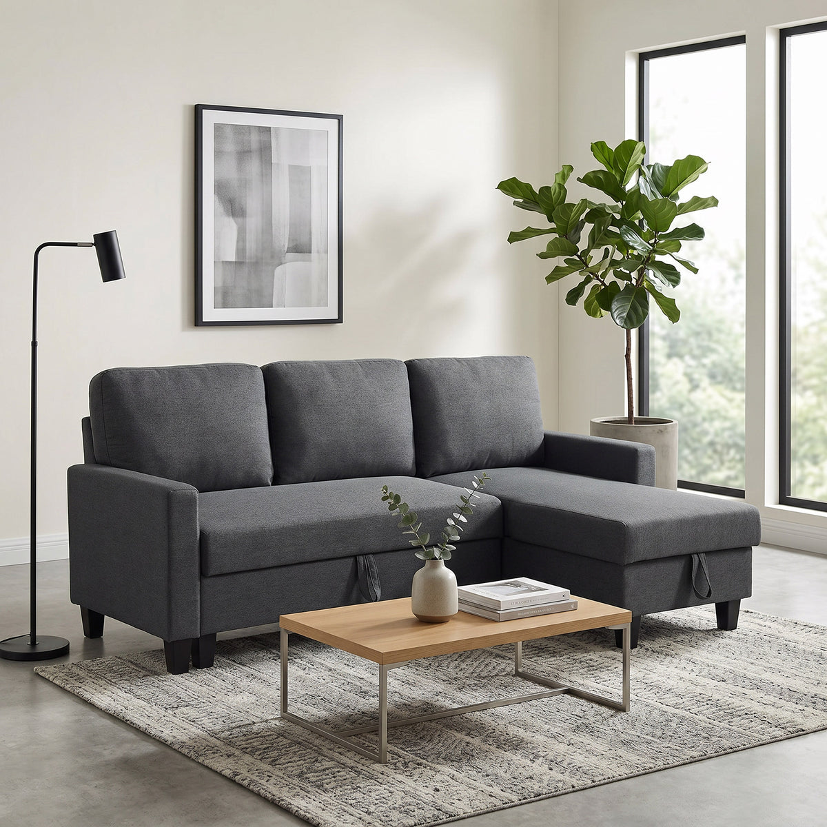 77.6" Sofa Bed, Convertible Pull Out Sleeper Sofa, Linen L Shaped Sectional Couch with Reversible Storage Chaise, Wide and Deep Seat for Living Room, Charcoal Grey