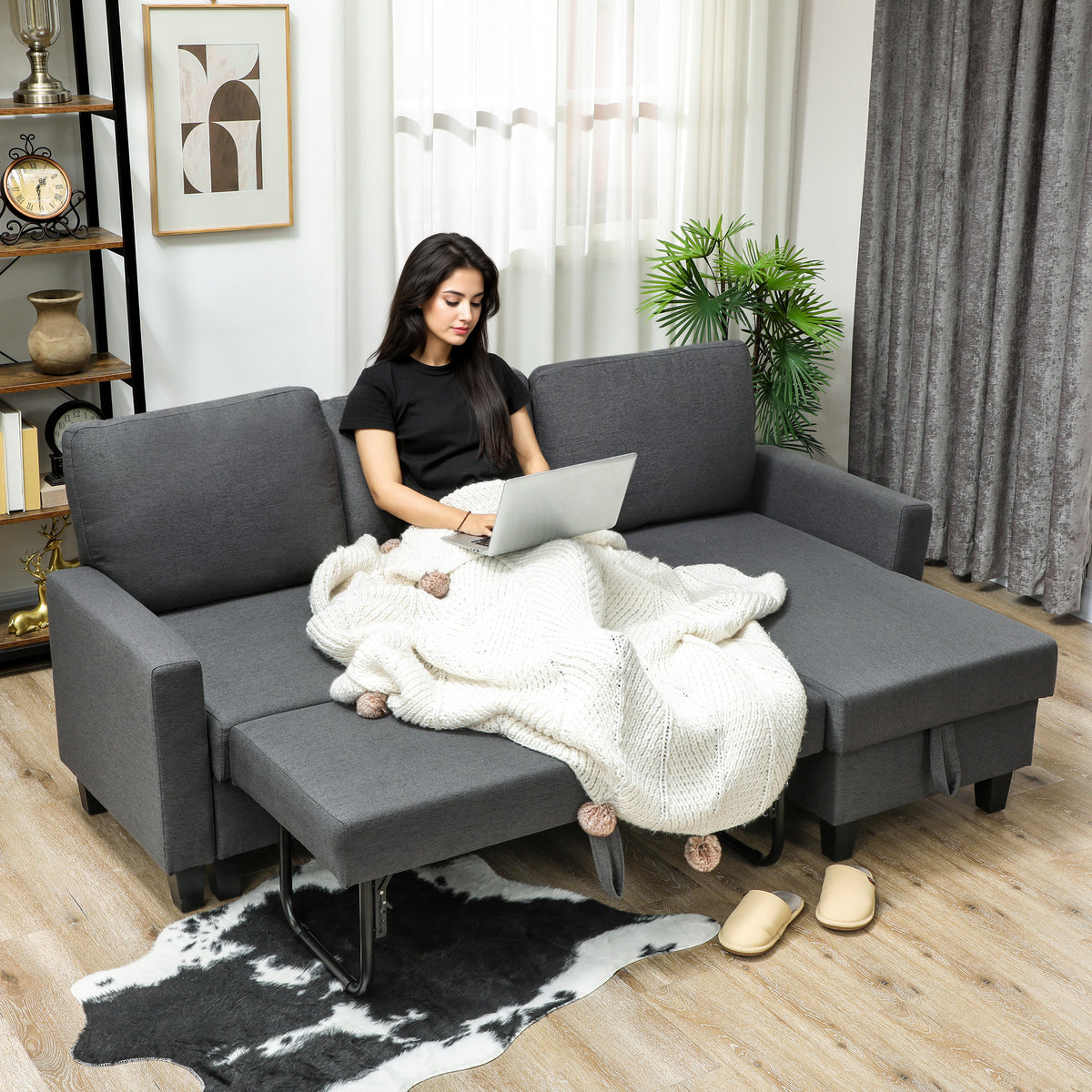 77.6" Sofa Bed, Convertible Pull Out Sleeper Sofa, Linen L Shaped Sectional Couch with Reversible Storage Chaise, Wide and Deep Seat for Living Room, Charcoal Grey