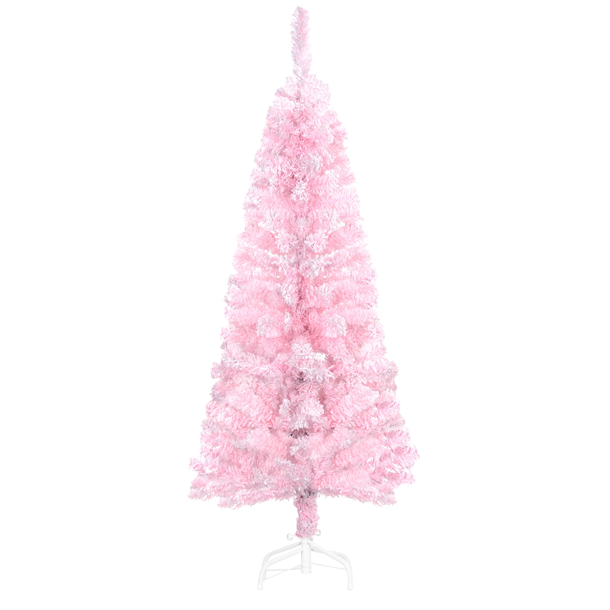 HOMCOM 4 FT Snow Flocked Artificial Christmas Tree, Pencil Xmas Tree with Realistic Branches, Auto Open and Steel Base, Pink