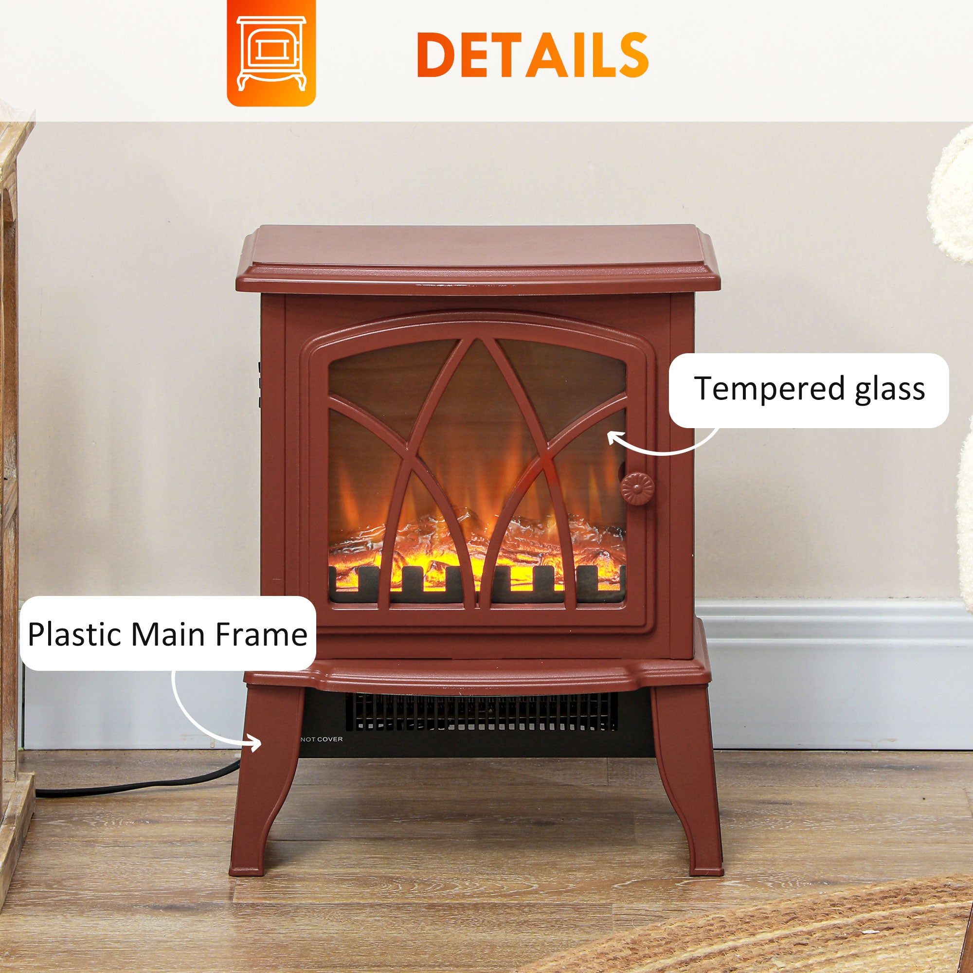 Electric Fireplace Heater with Flame Effect & Overheat Protection, 750W/1500W, Red