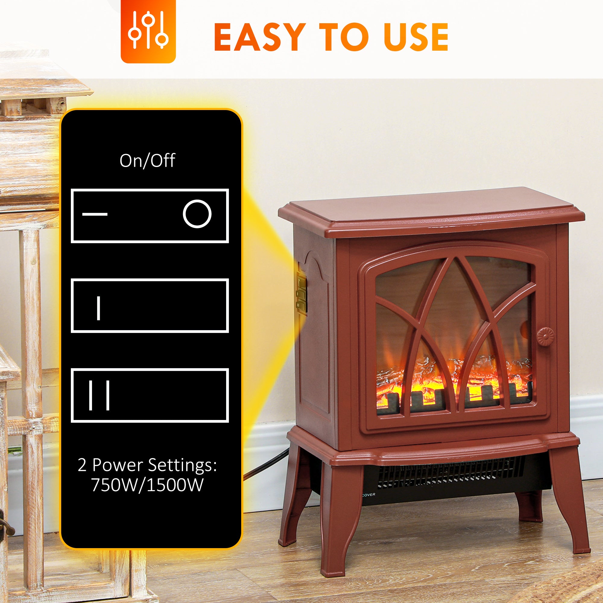 Electric Fireplace Heater with Flame Effect & Overheat Protection, 750W/1500W, Red