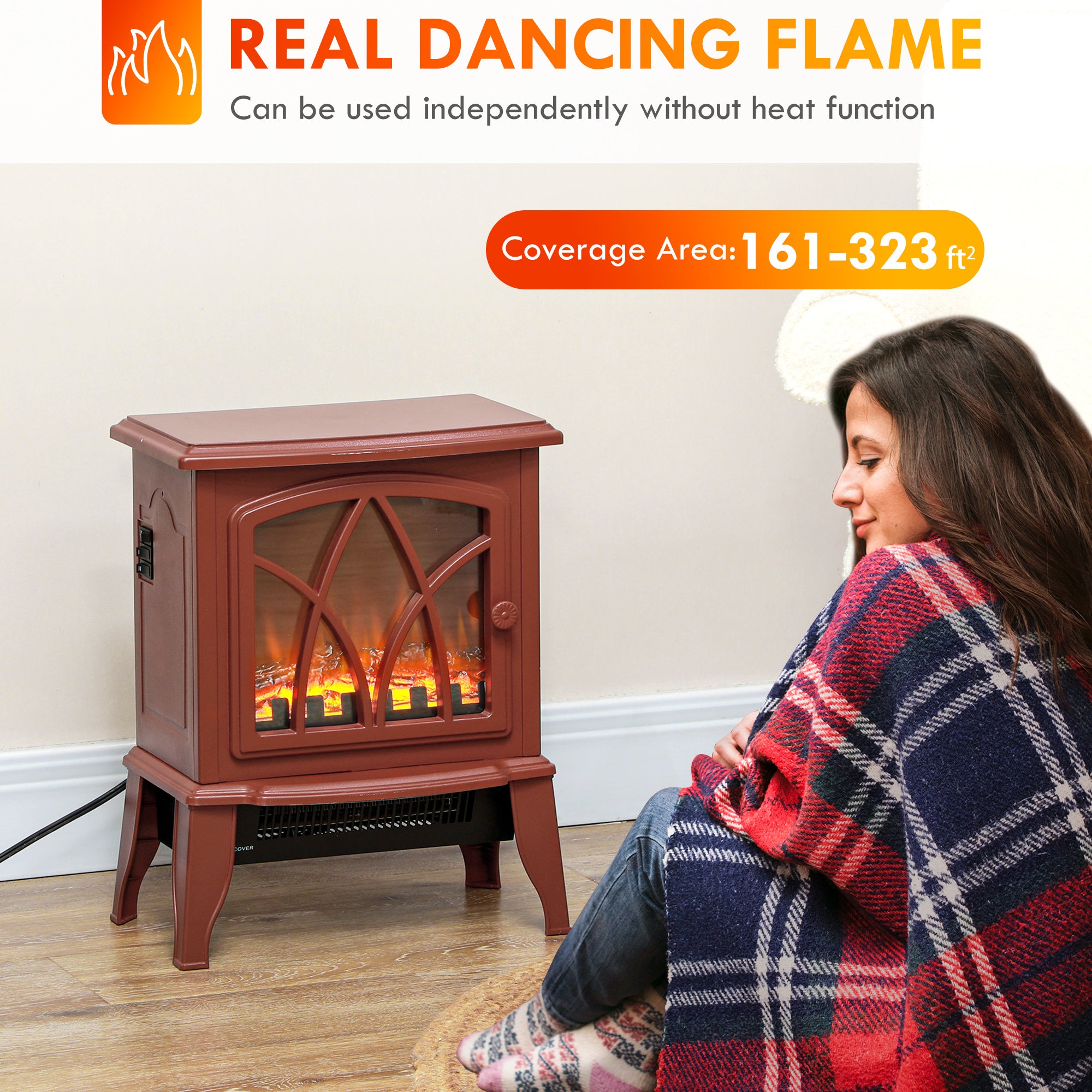 Electric Fireplace Heater with Flame Effect & Overheat Protection, 750W/1500W, Red