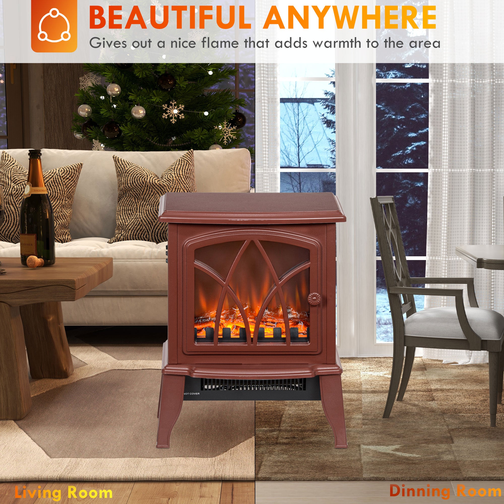 Electric Fireplace Heater with Flame Effect & Overheat Protection, 750W/1500W, Red