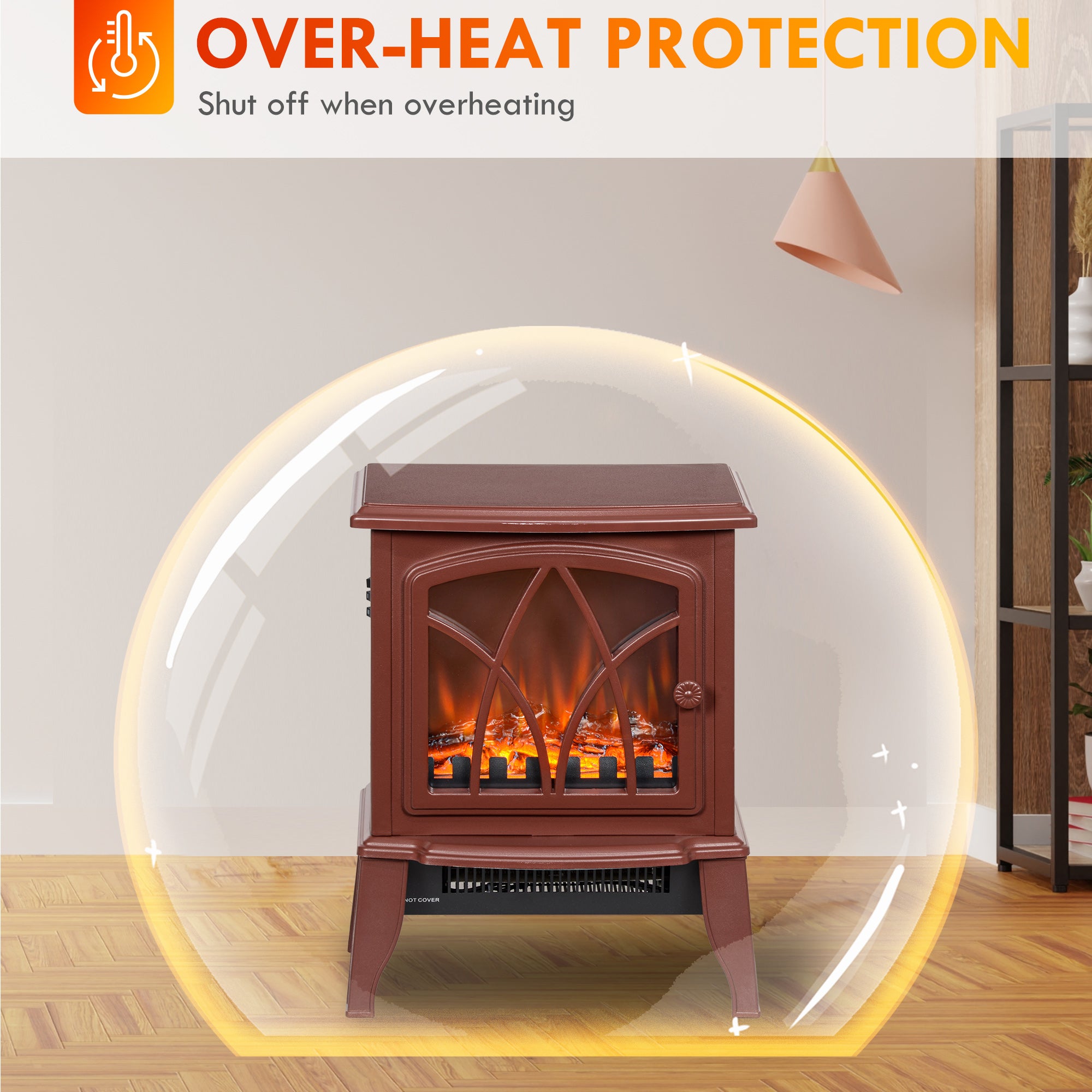 Electric Fireplace Heater with Flame Effect & Overheat Protection, 750W/1500W, Red